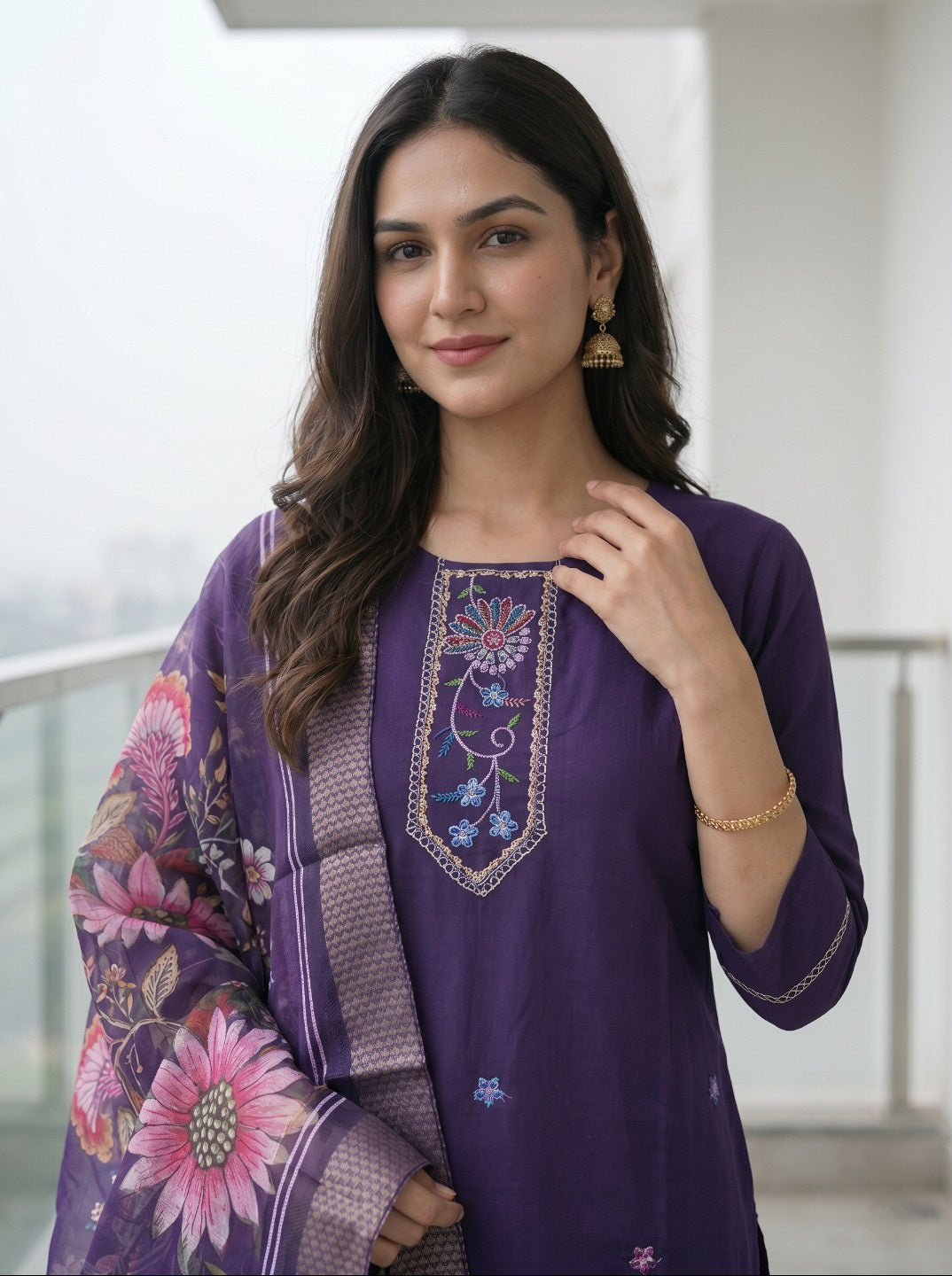 Purple Roman Silk Embroidered Kurta Set with Organza Chanderi Dupatta | Elegant Ethnic 3 Piece Suit Set for Women