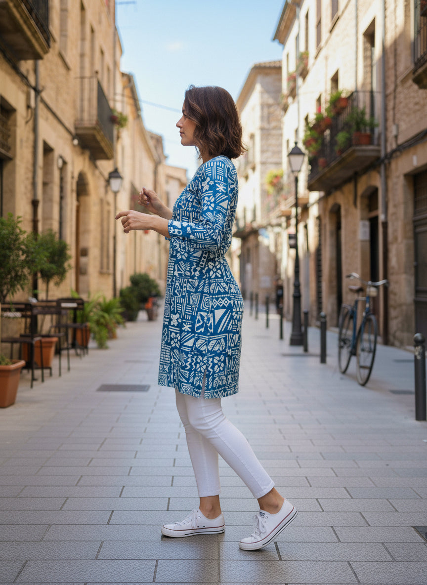 Blue Abstract Printed Straight Kurti for Women – Cotton Blend Round Neck Long Sleeve Casual & Office Wear