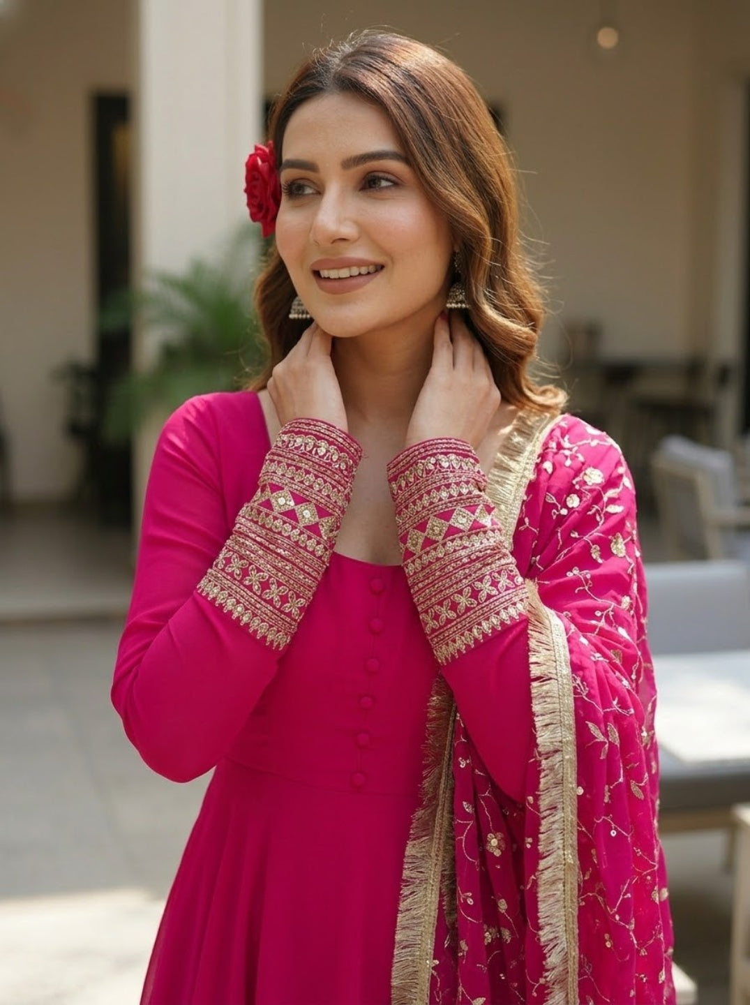 Georgette Anarkali Gown Set with Embroidered Dupatta & Pant – Festive Wear | Fully Stitched