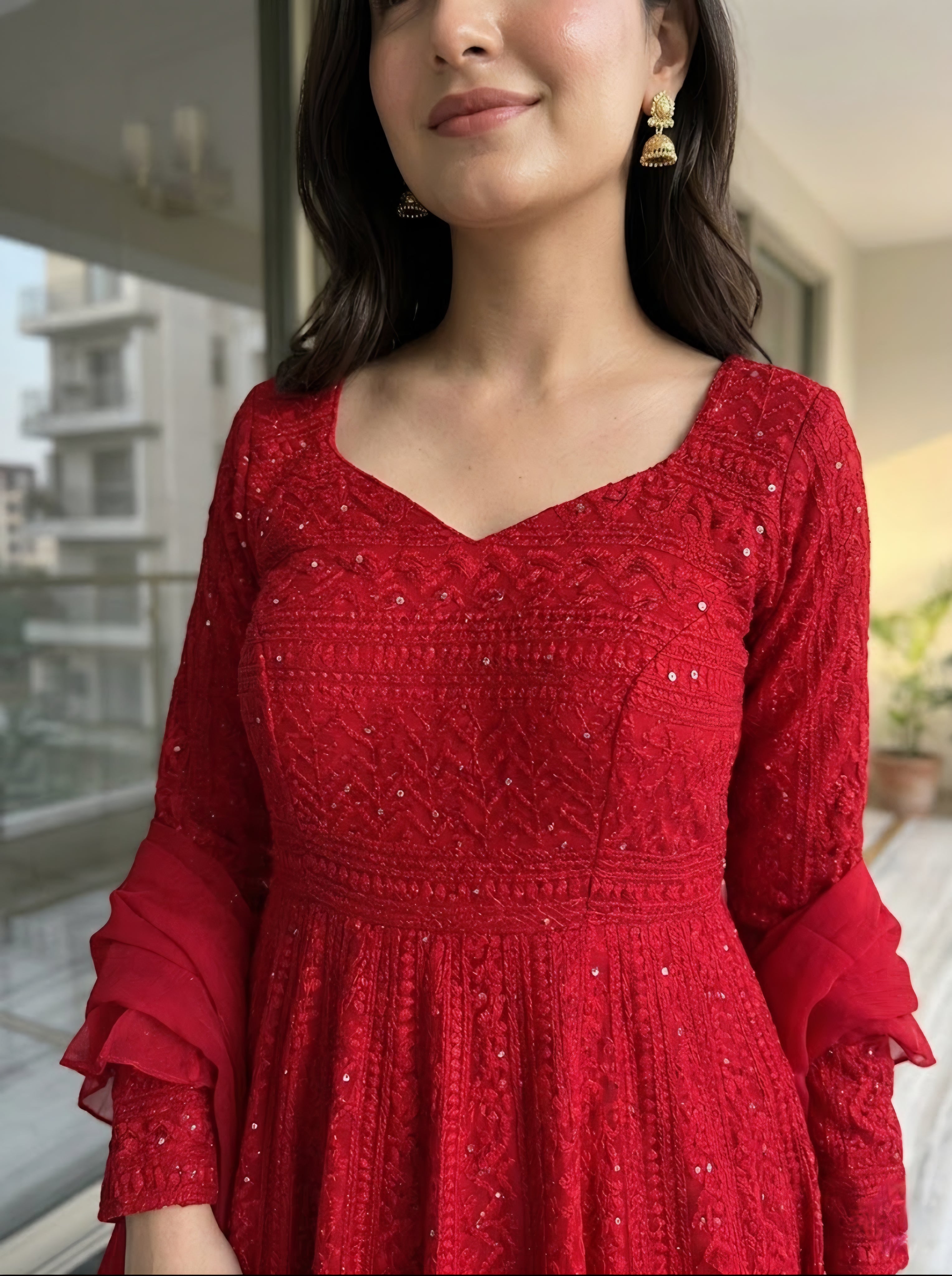 Lucknowi Georgette Anarkali Suit Set with Dupatta | Heavy Sequence Work Ethnic Wear for Women
