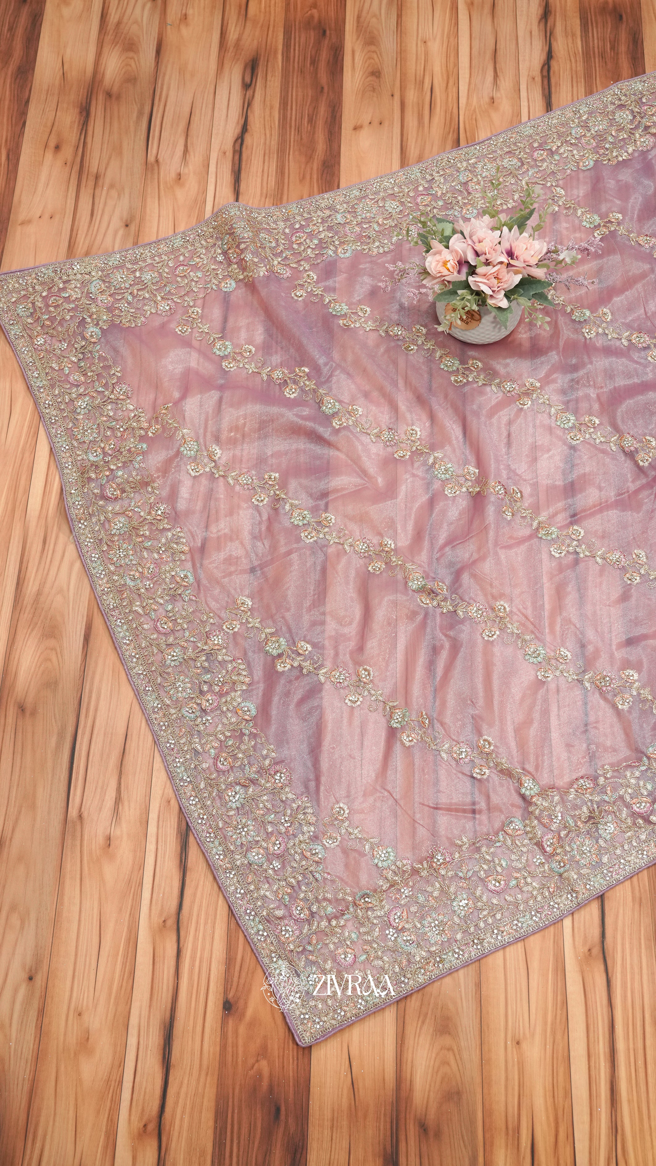 Sage Green Shimmer net Saree with Floral Embroidery & Heavy Designer Border