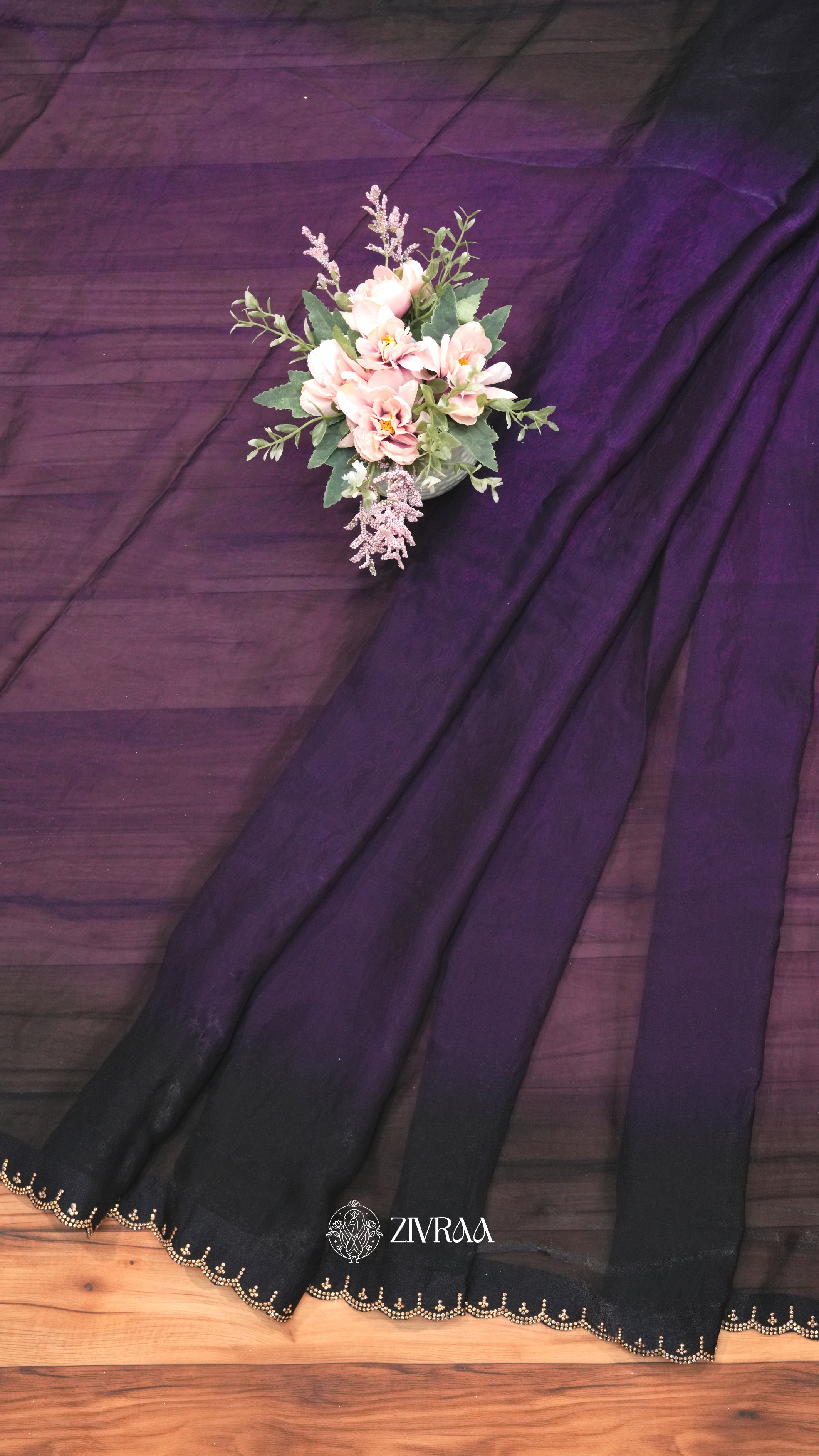Elegant Black purple Designer Saree with Stone Floral Embellishment & Scalloped Border
