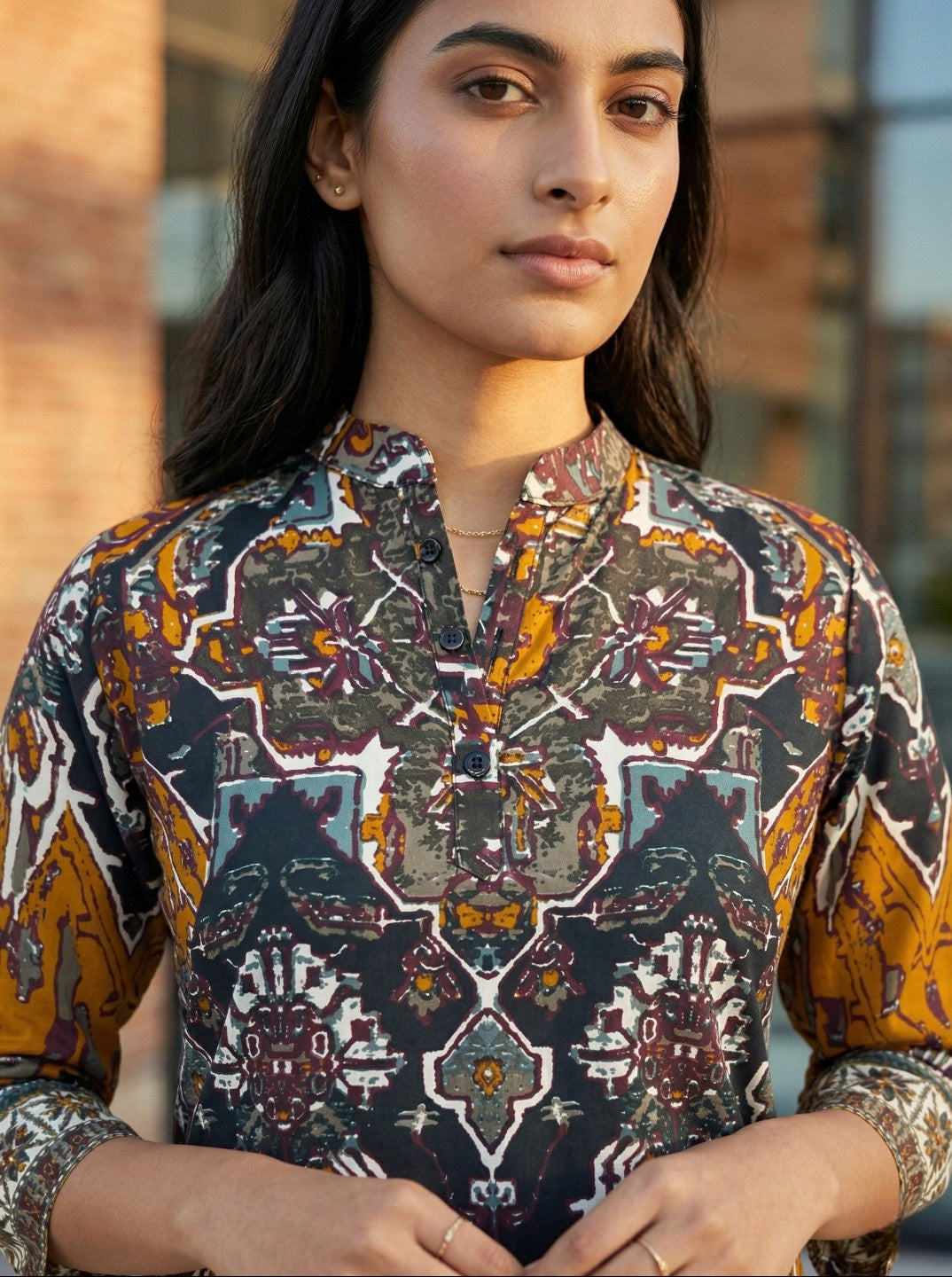 Abstract Printed Co-Ord Set with Mandarin Collar Top and Elasticated Trousers for Casual & Festive Wear