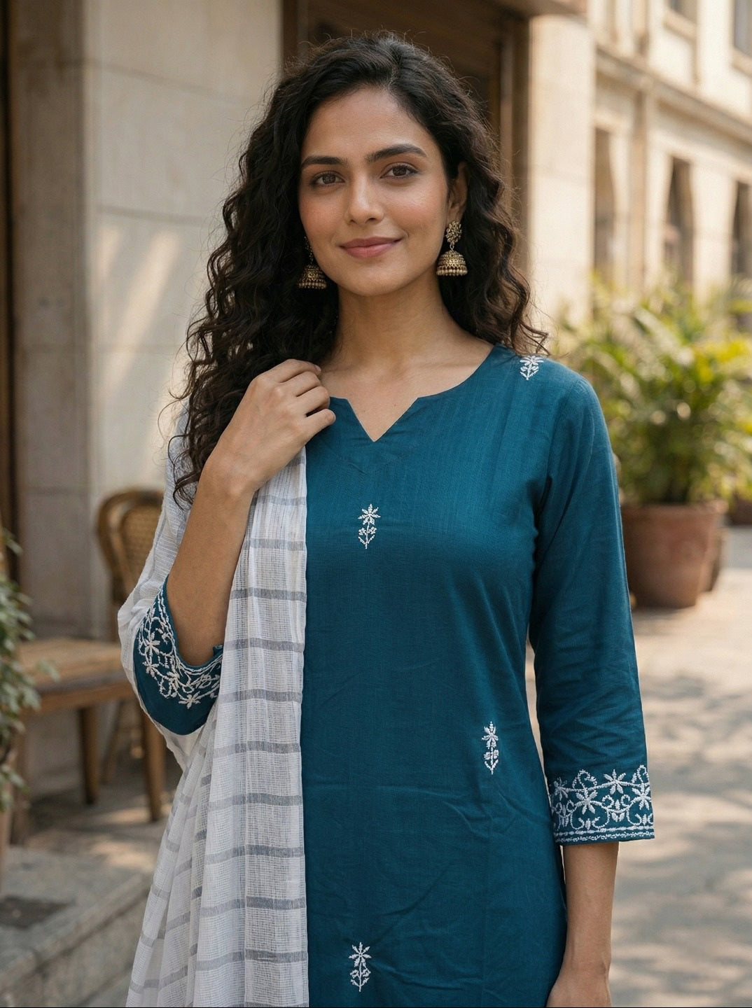 Women’s Teal Embroidered Kurta with Palazzos & Dupatta – Elegant Ethnic Suit Set