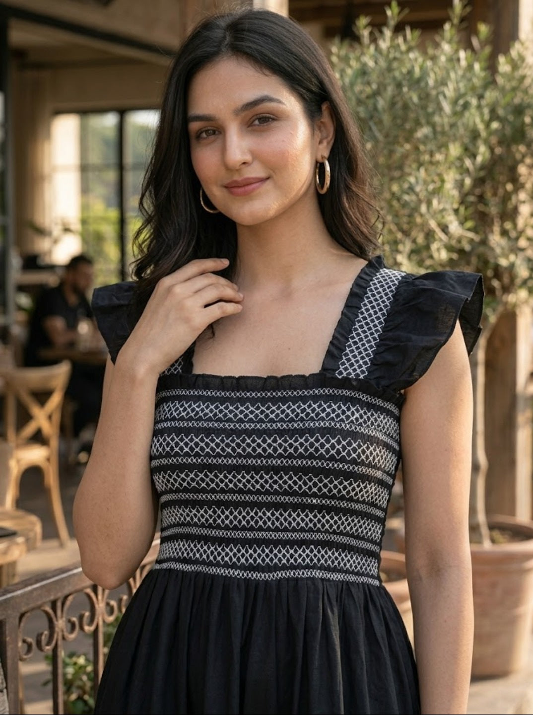 Women’s Smocked Tiered Long Kurta Dress with Ruffle Sleeves – Elegant Flared Ethnic Casual & Summer Wear Kurta.