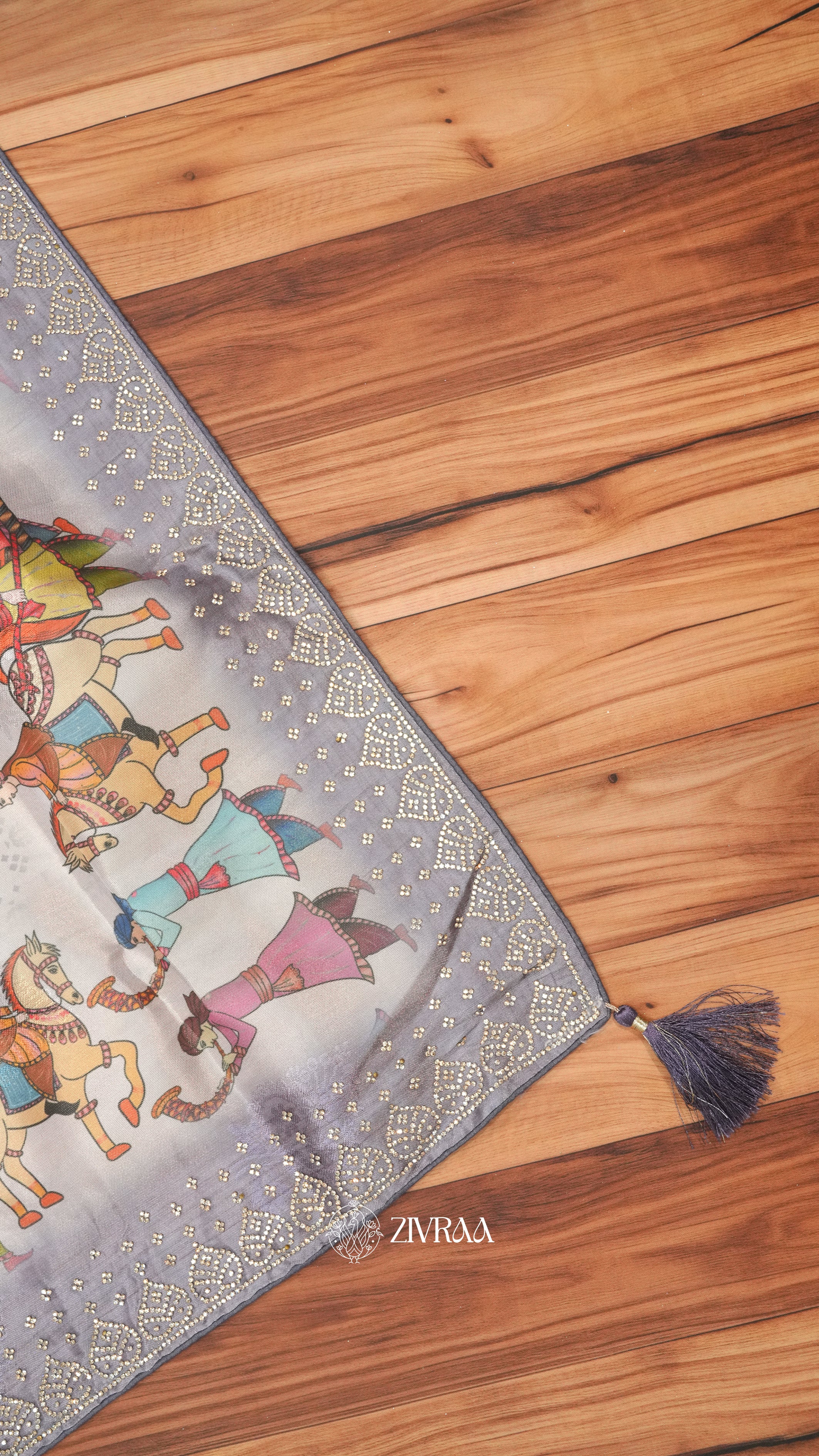 Brown Folk Art Print Saree with Traditional Rajasthani Motifs & Embellished Border