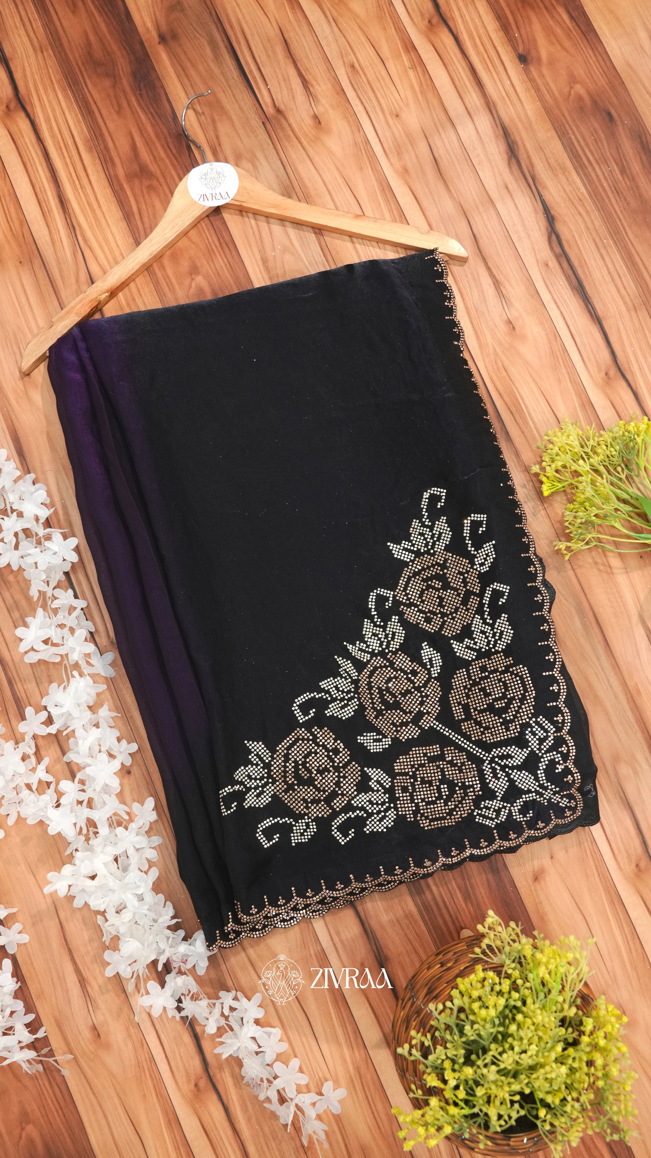 Elegant Black purple Designer Saree with Stone Floral Embellishment & Scalloped Border