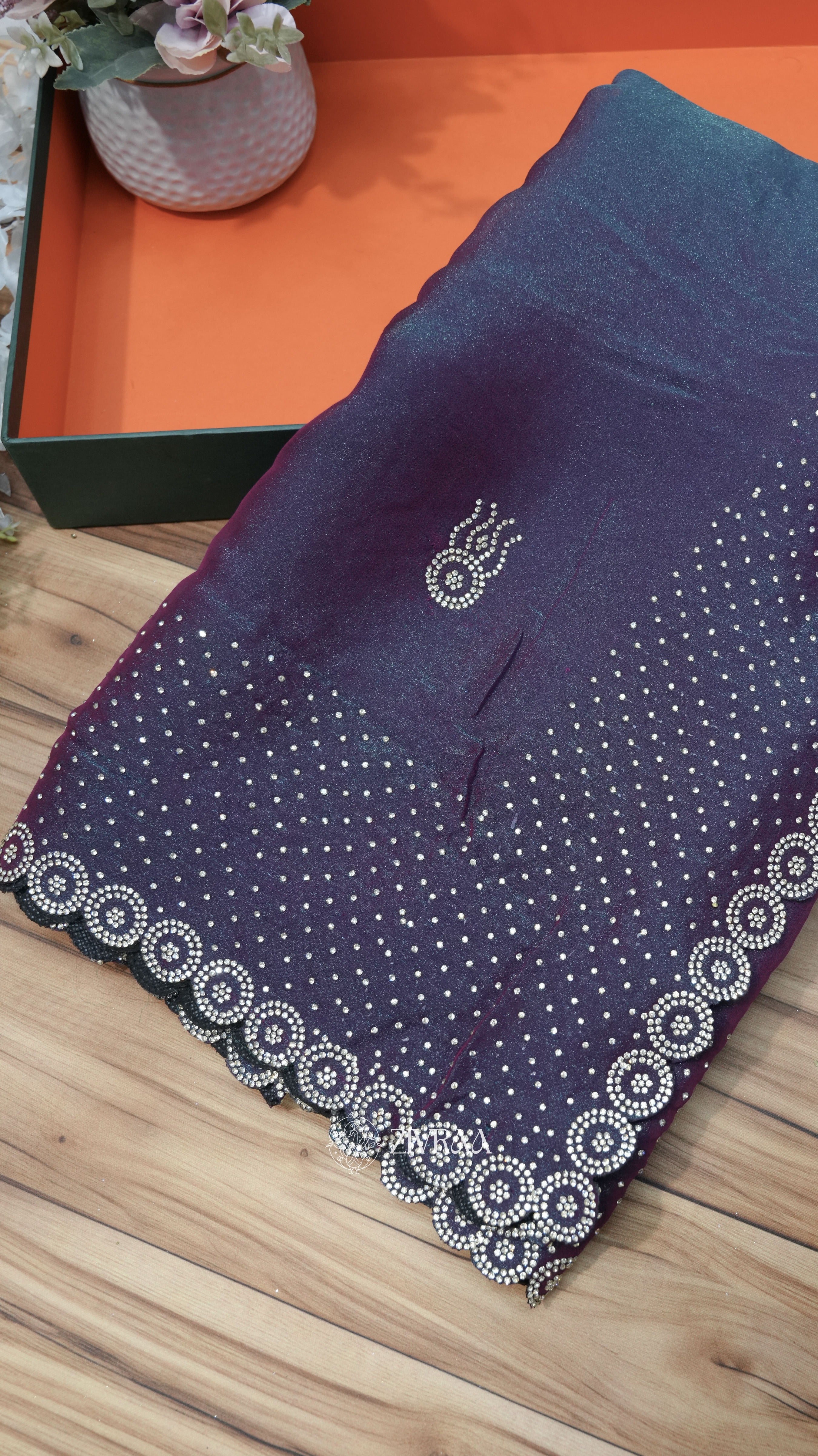 Elegant purple Stone Work Saree with Designer Border | Party & Festive Wear