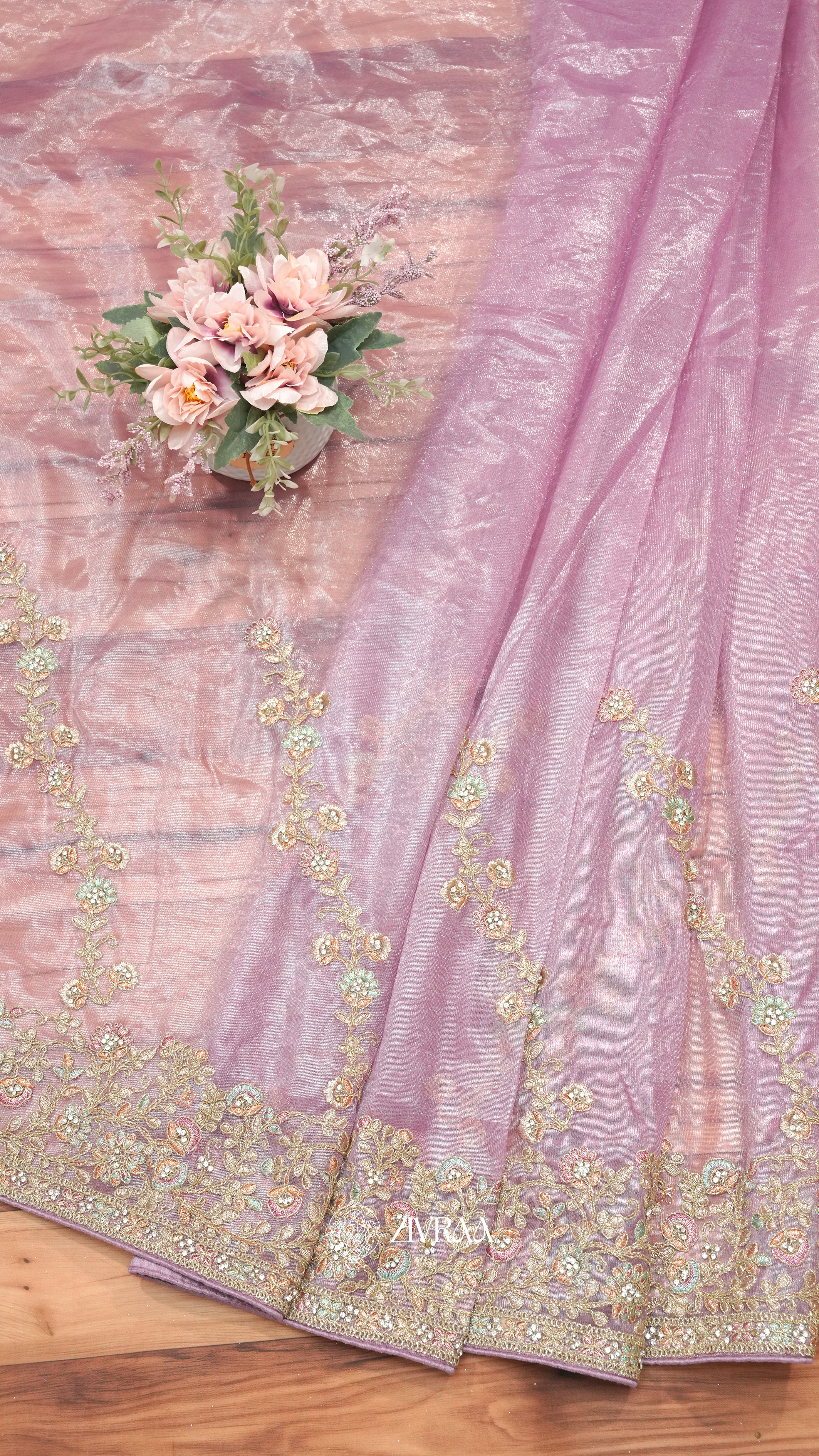 Peach shimmer net Saree with Heavy Floral Embroidery & Designer Border