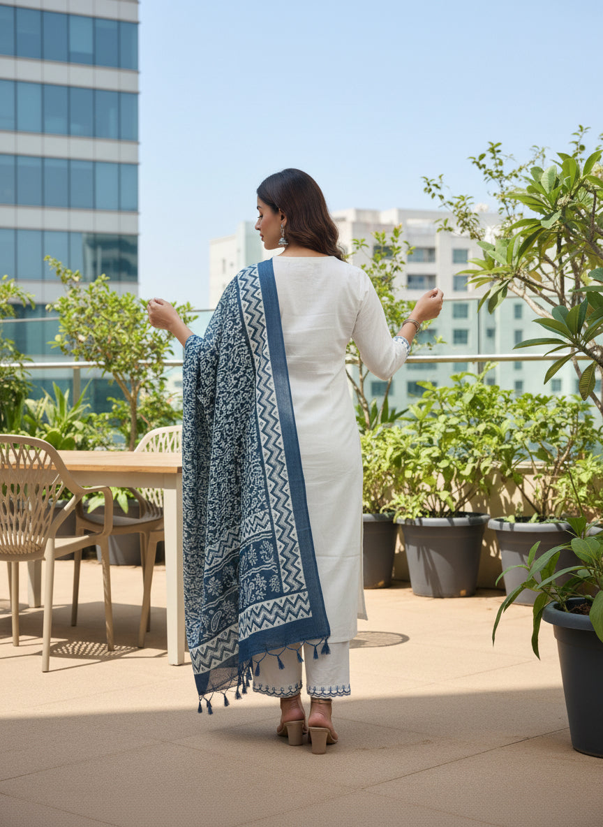 Elegant Off White & Blue Printed 3 Piece Kurta Set for Women – Straight Fit Kurta with Pant & Tassel Dupatta | Festive, Office & Casual Ethnic Wear