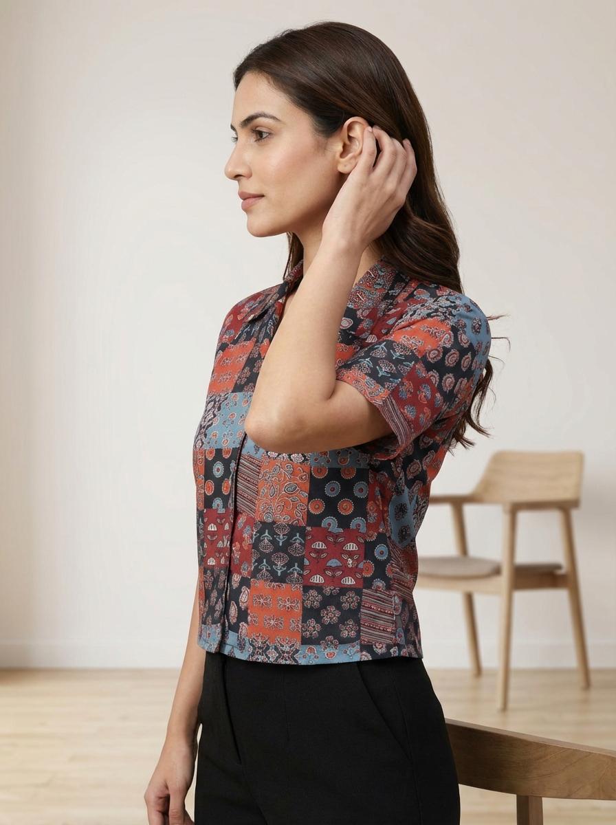 Women’s Multicolor Patchwork Printed Kurti – Short Sleeve Casual Ethnic Top