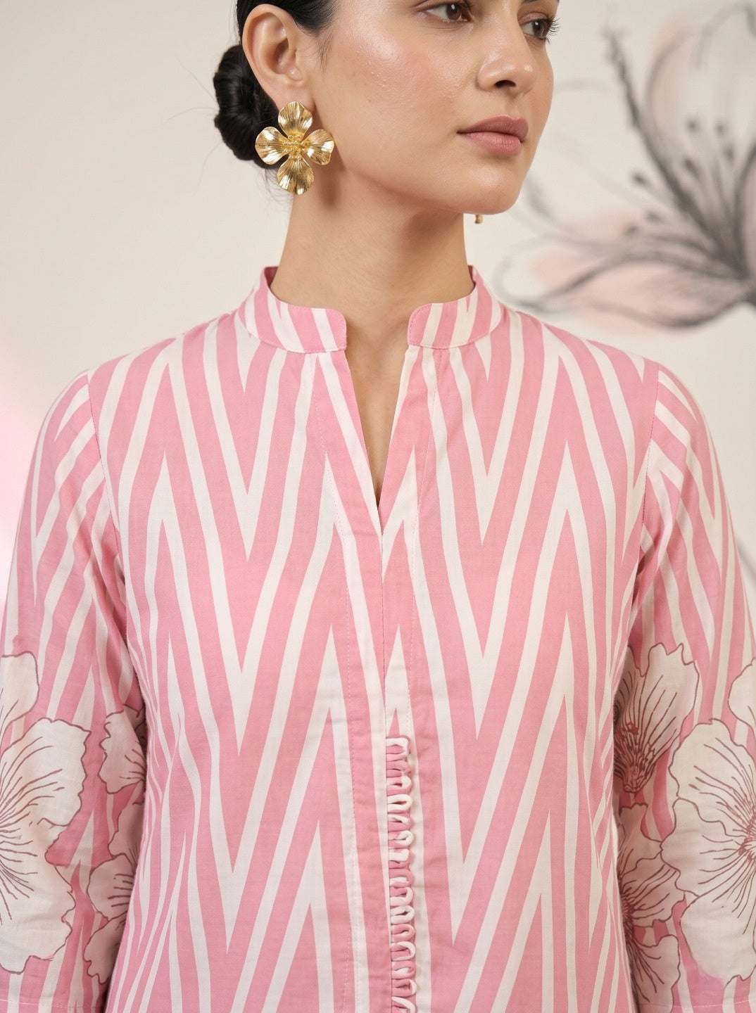 Pink Floral Cotton Co-Ord Set for Women | Striped Top & Straight Pant | Festive & Casual Wear
