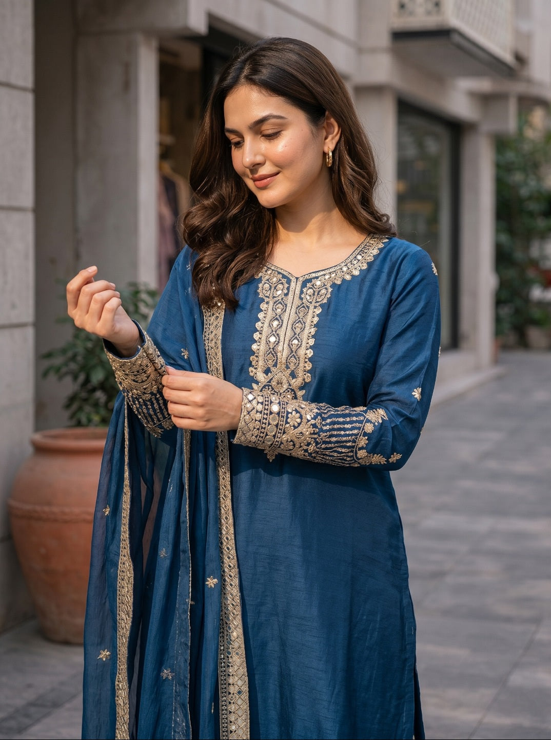 Blue Pure Chinon Silk Embroidered Straight Kurta Set with Dupatta & Trousers | Festive & Ethnic Wear for Women