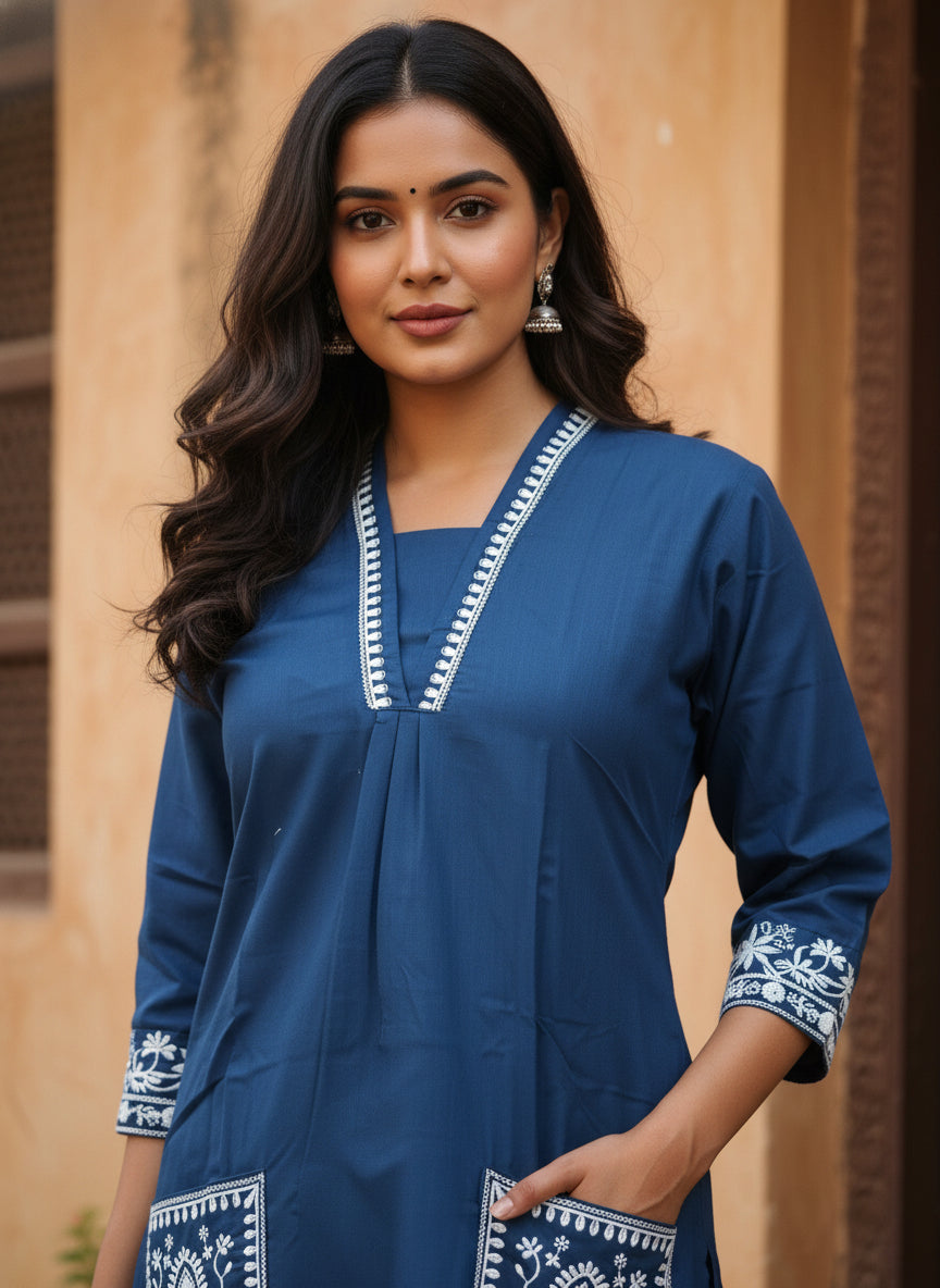 Elegant Navy Blue Cotton 2 Piece Kurta Set for Women with Embroidered Pocket Detail & Straight Pants | Casual, Office & Daily Wear Ethnic Set