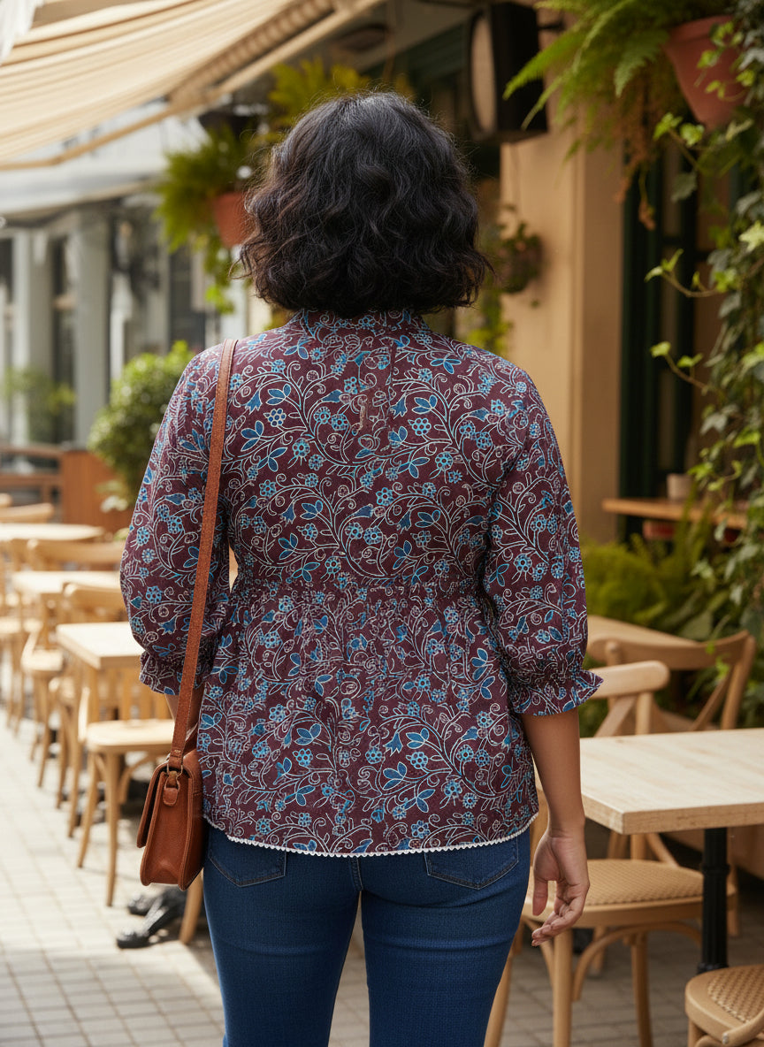 Women’s Maroon Floral Printed Casual Top with 3/4 Sleeves – Stylish Ethnic Office & Daily Wear Top (1 Piece Only)