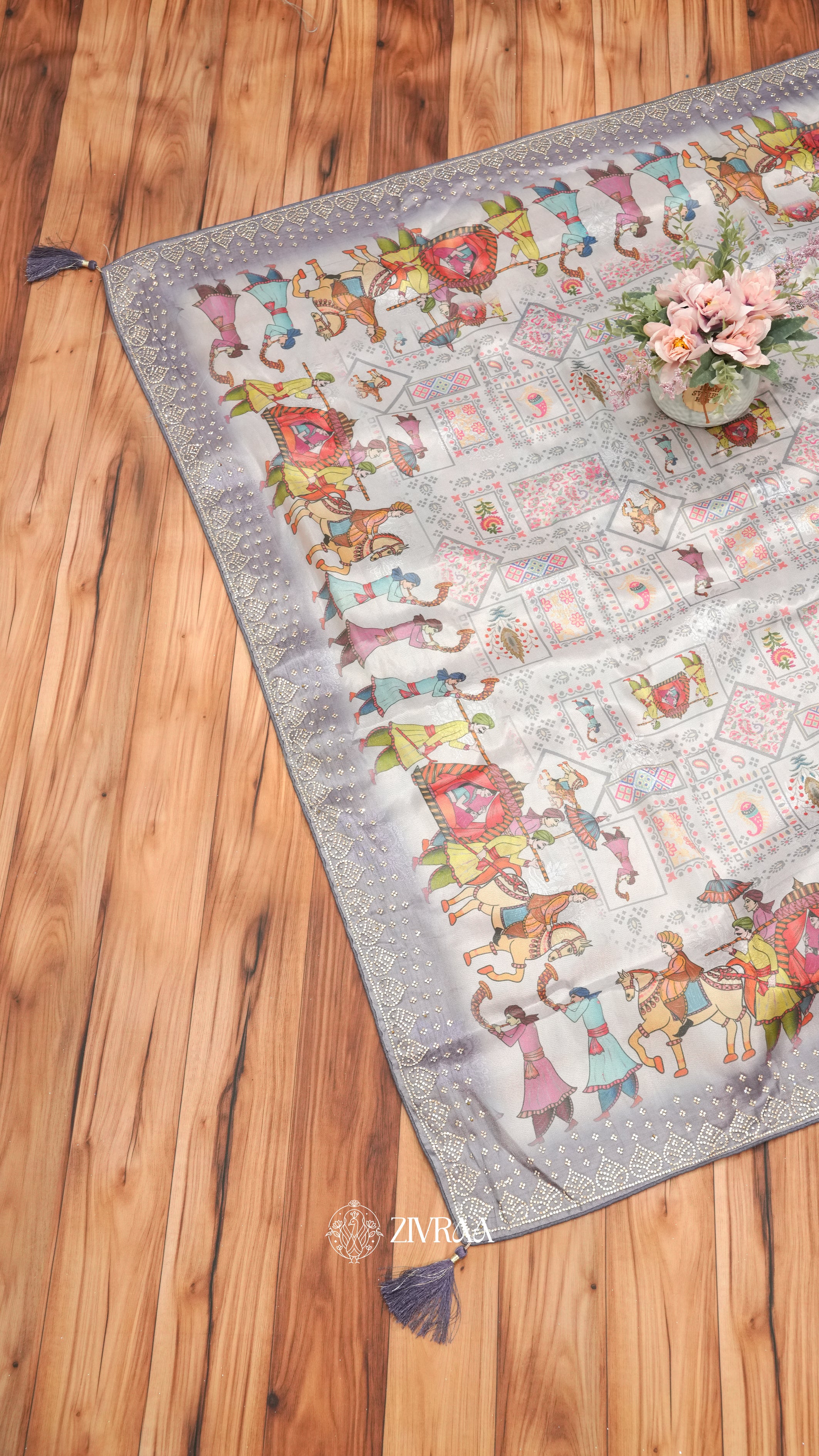 Lovender Folk Art Printed Saree with Traditional Rajasthani Motif & Zari Border