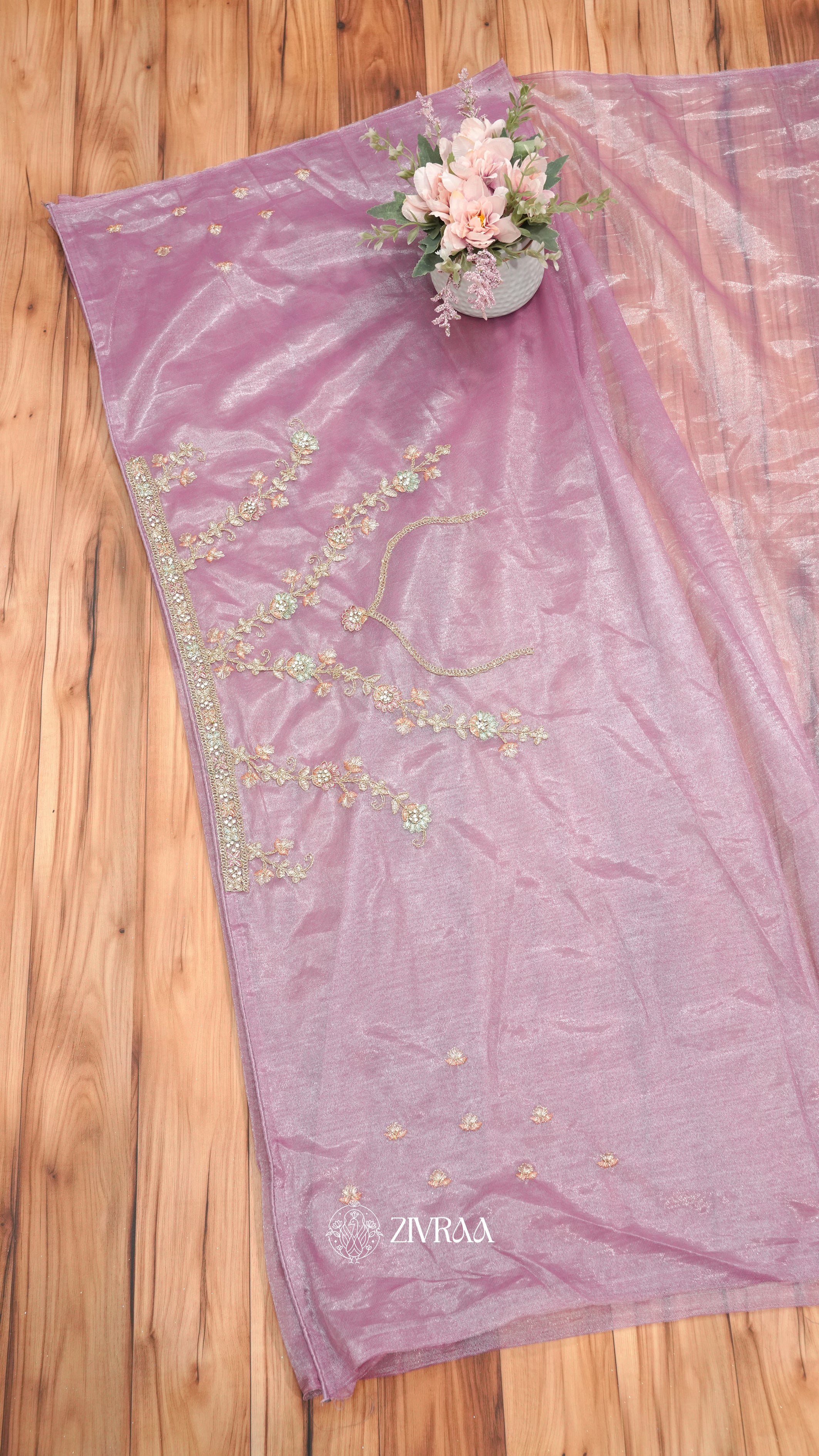 Sage Green Shimmer net Saree with Floral Embroidery & Heavy Designer Border