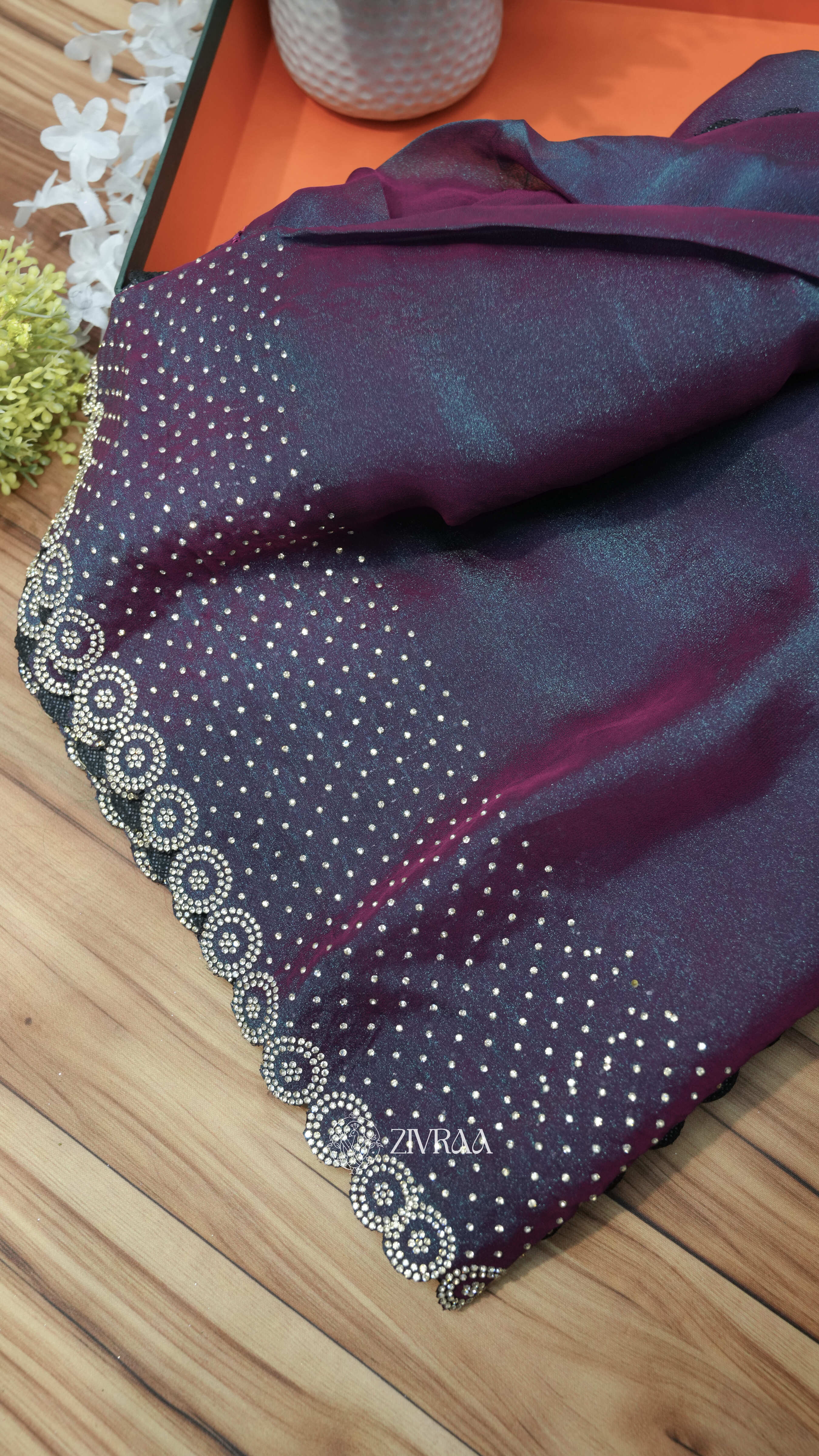 Royal Rani shimmer Swarovski Work Party Wear Saree with Elegant Border