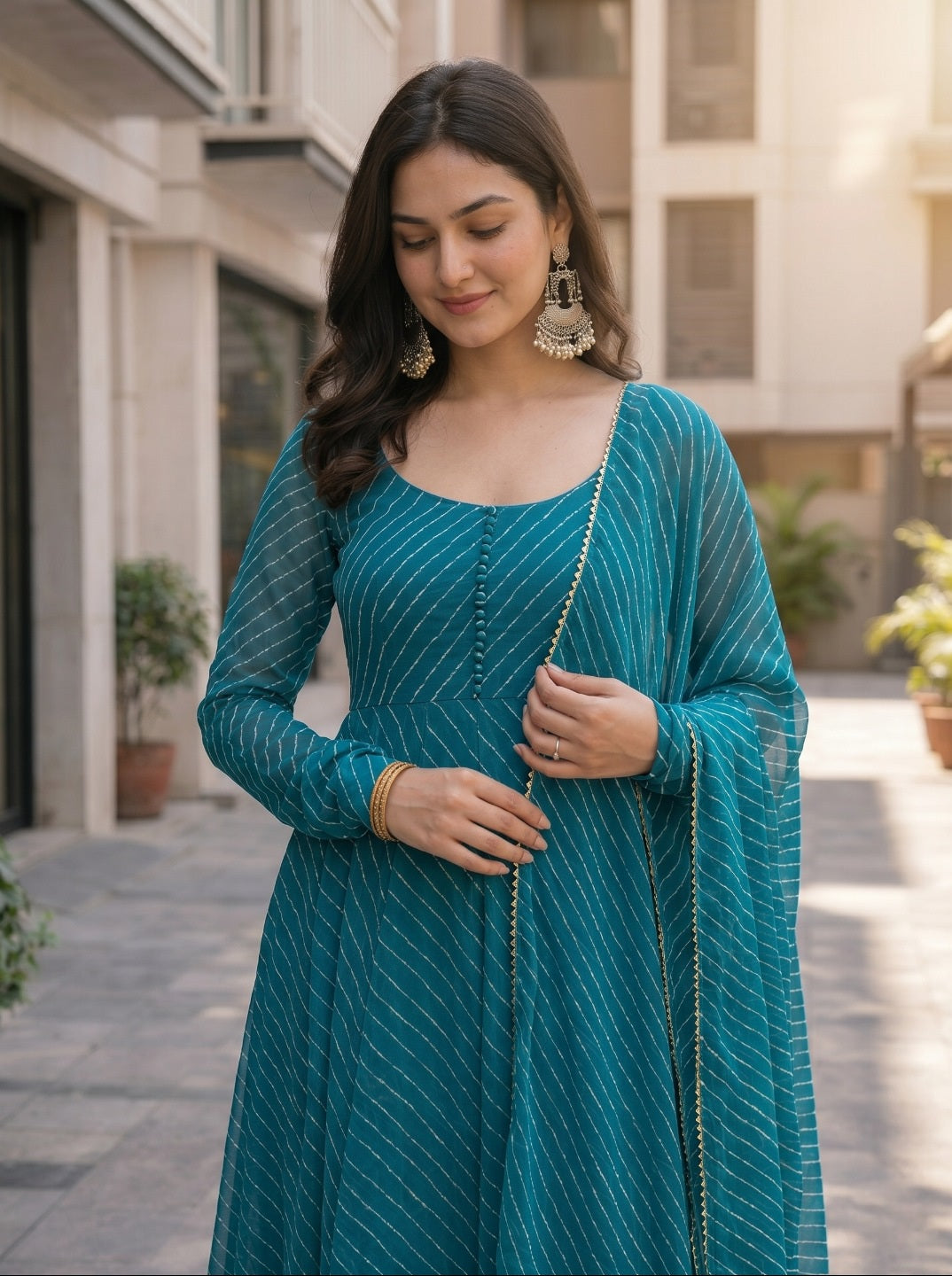 premium Laheriya Print Anarkali Suit Set with Dupatta | Designer Fox Georgette Flared Kurta Set for Women