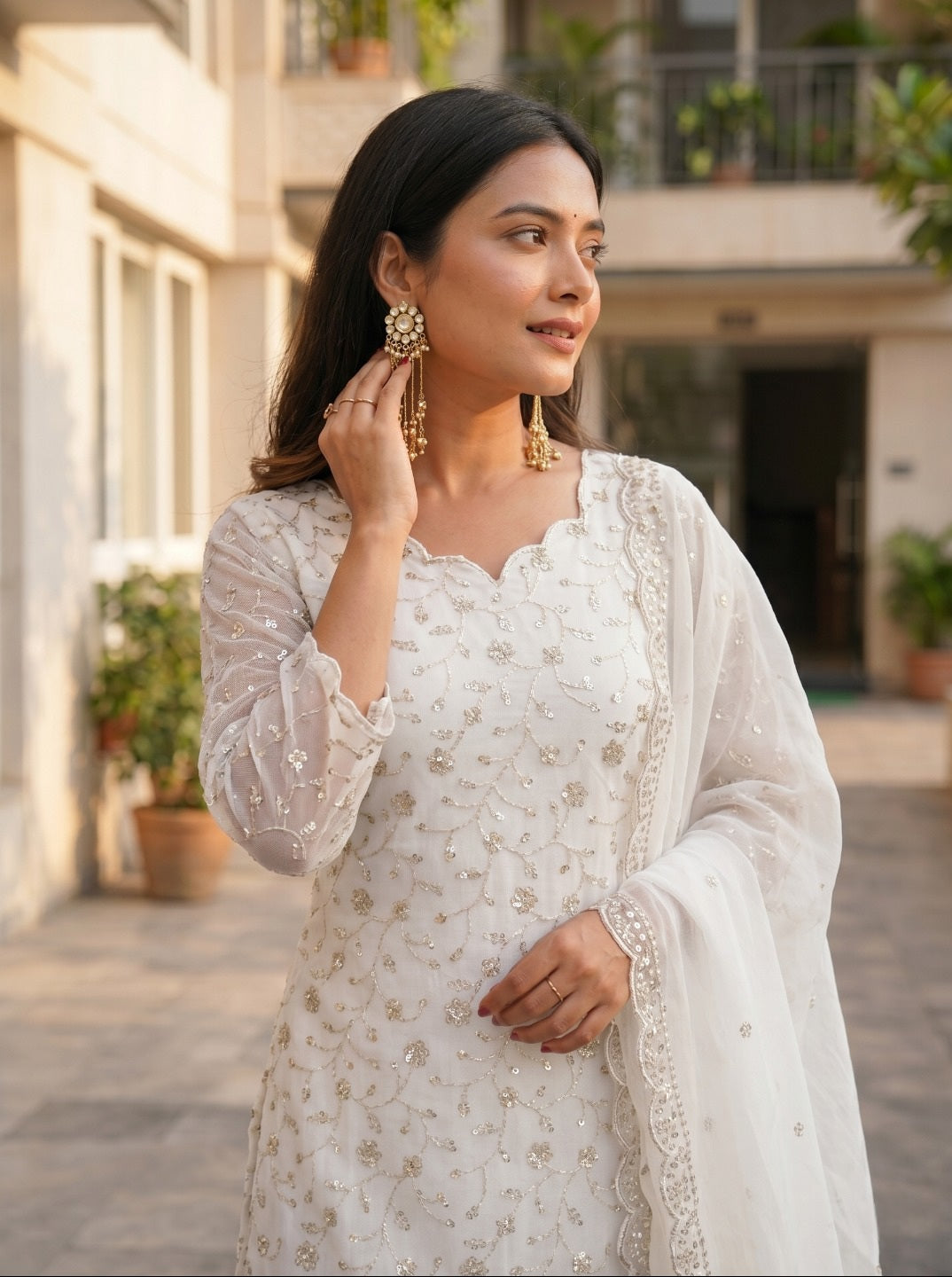 Elegant White Crunchy Silk Kurta Set with Dupatta | Ethnic Festive Wear for Women