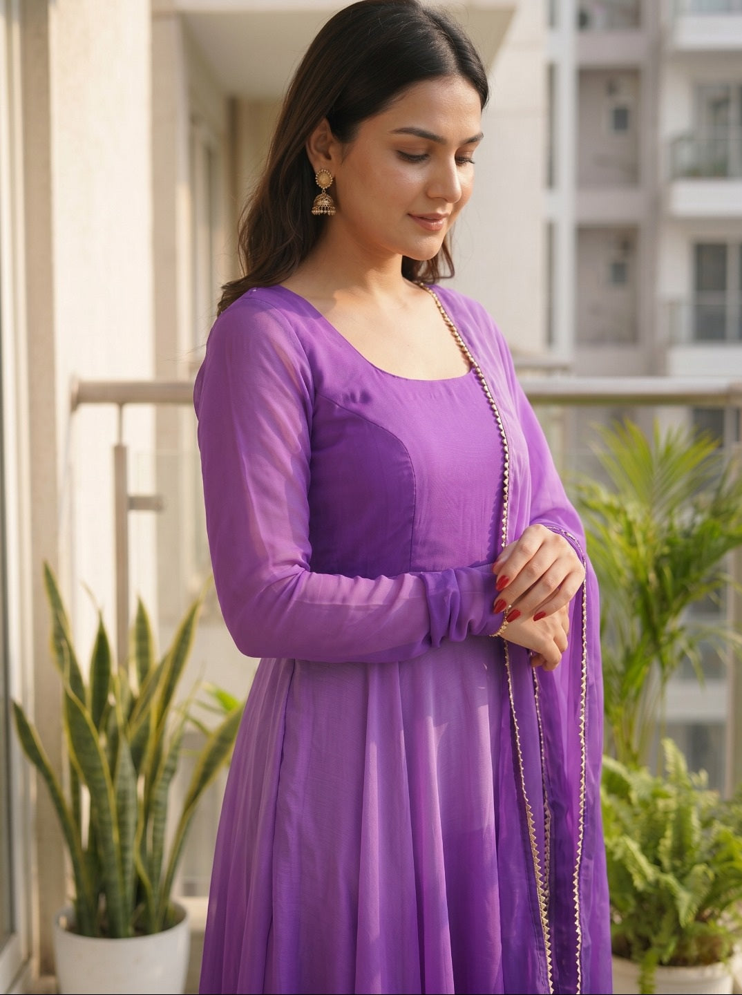 Women Fox Georgette Fully Flared Anarkali Kurta Set with Dupatta & Pants