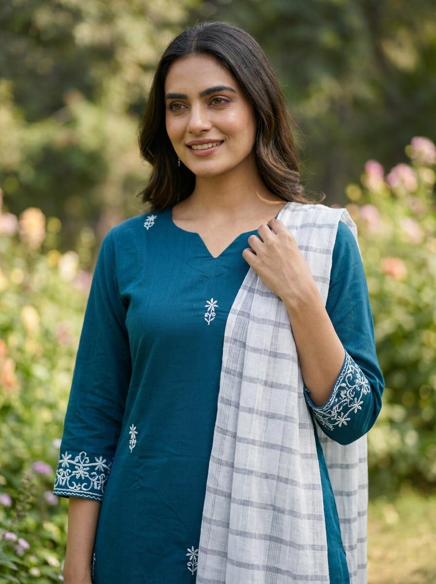 Women’s Teal Embroidered Kurta with Palazzos & Dupatta – Elegant Ethnic Suit Set