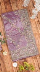 Peach shimmer net Saree with Heavy Floral Embroidery & Designer Border