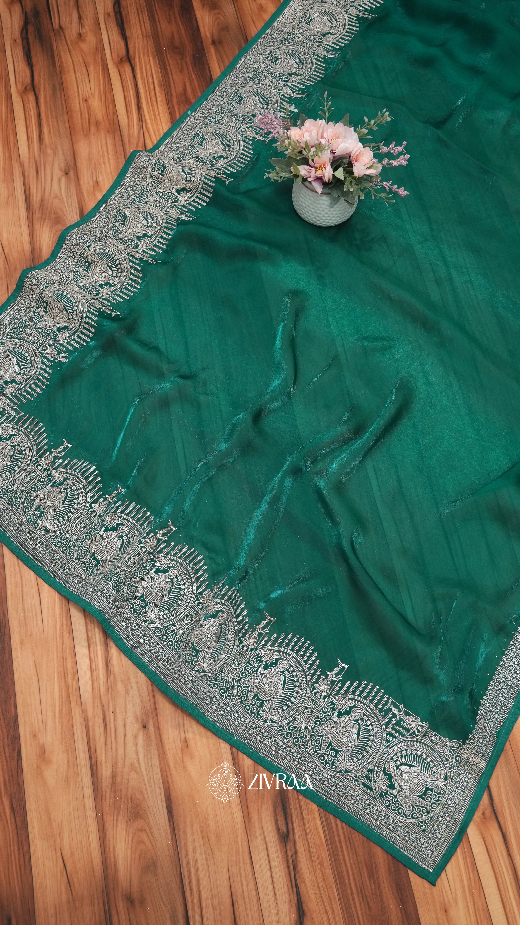 Emerald Green Silk Saree with Silver Zari Traditional Motifs