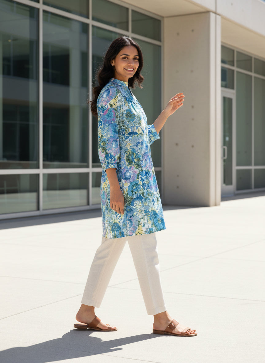 Women Blue Floral Printed Cotton Kurti | 3/4th Sleeve Straight Fit Ethnic Kurta for Daily Wear, Office Wear & Summer Casual Outfit (1 Piece)