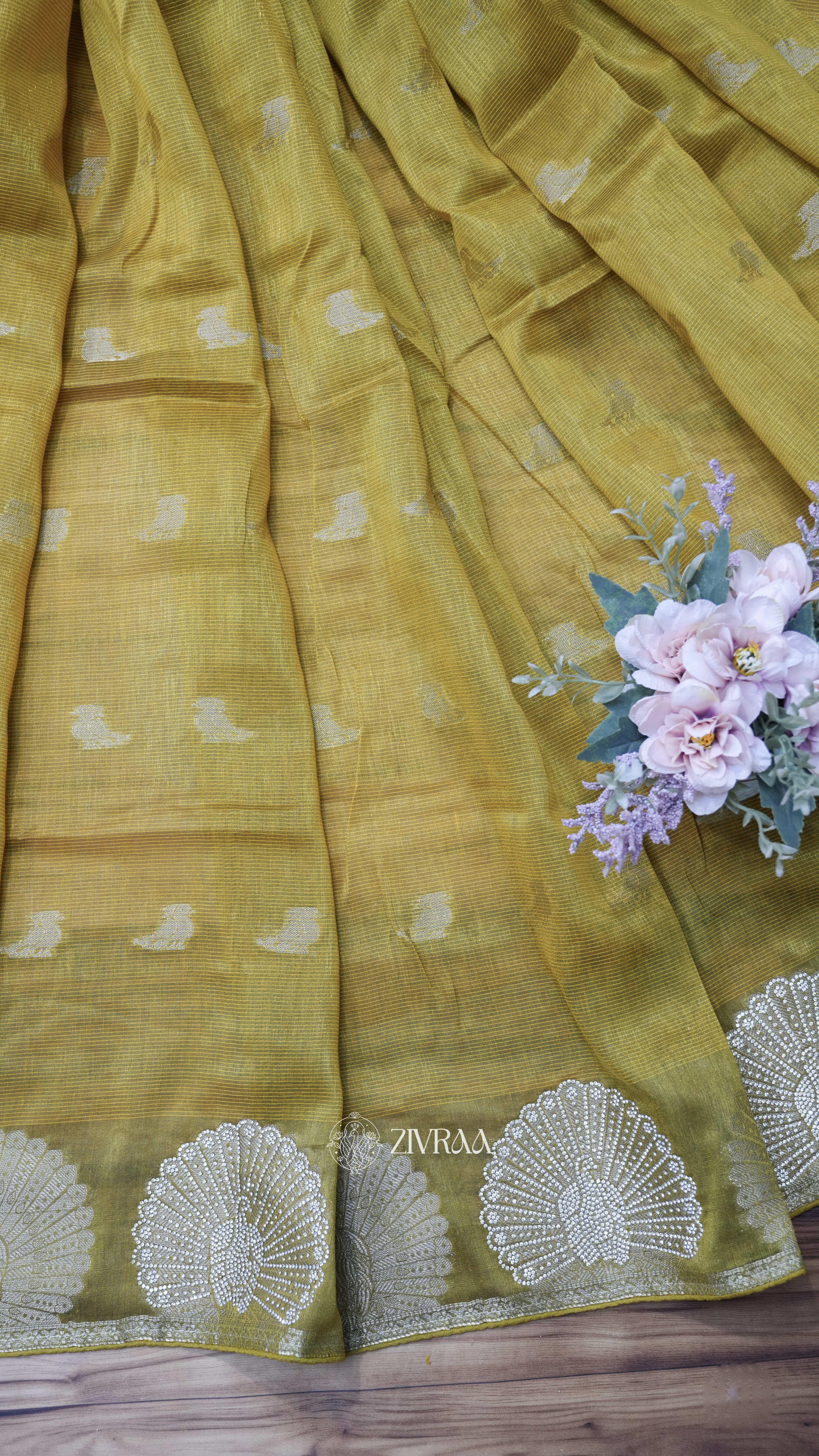 Rust Brown Silk Blend Saree with Swarovski Floral Motif Border
