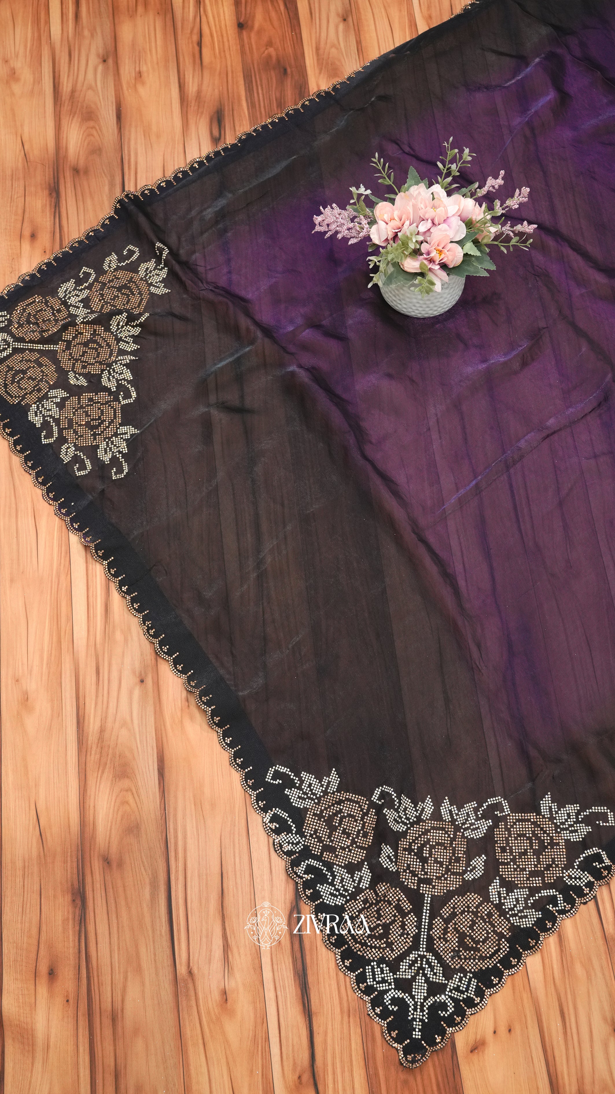 Elegant Black purple Designer Saree with Stone Floral Embellishment & Scalloped Border