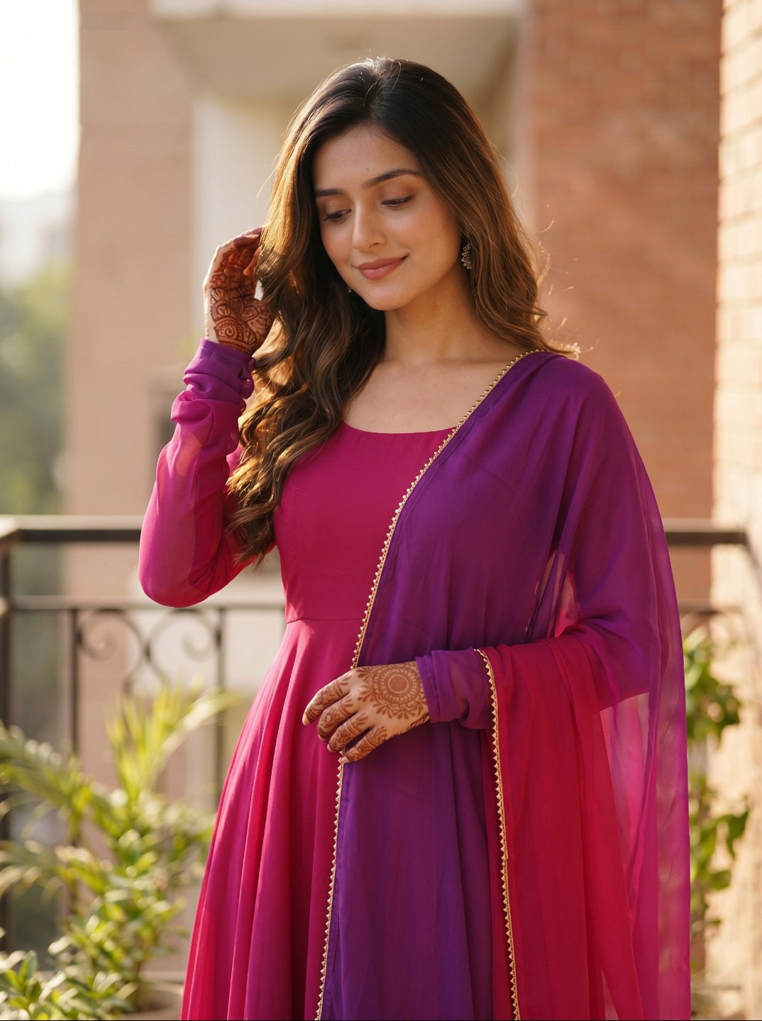 Women Georgette Fully Flared Anarkali Kurta Set with Dupatta & Pants
