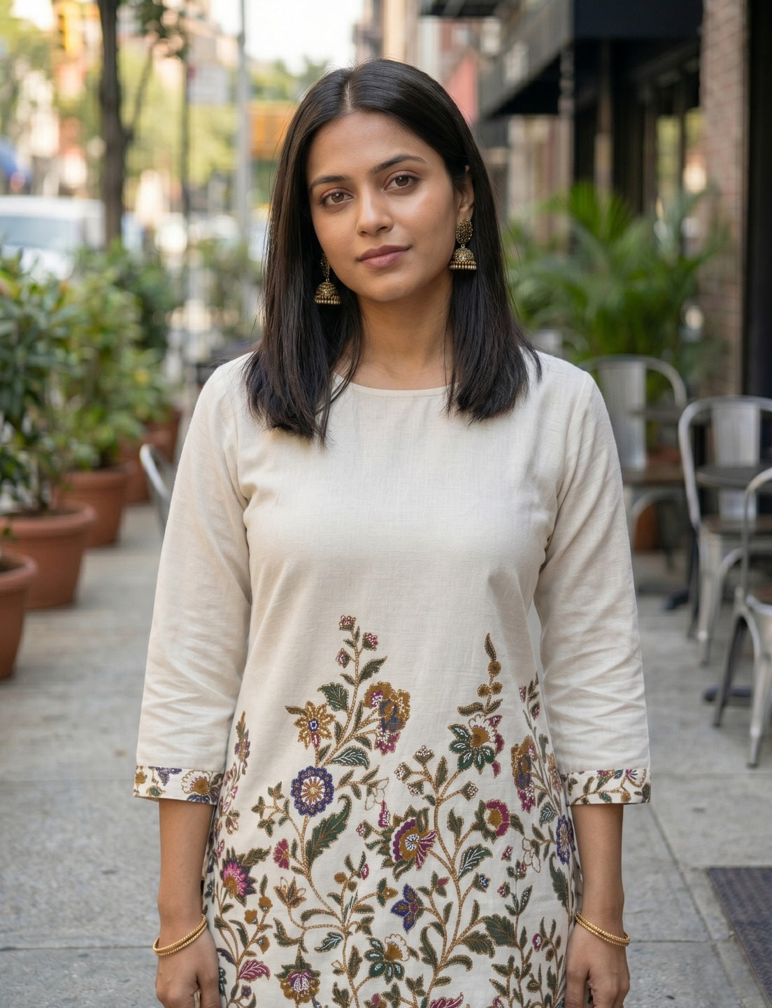 Women Off-White Floral Printed Khadi Cotton Co-Ord Set with Straight Kurta & Trousers