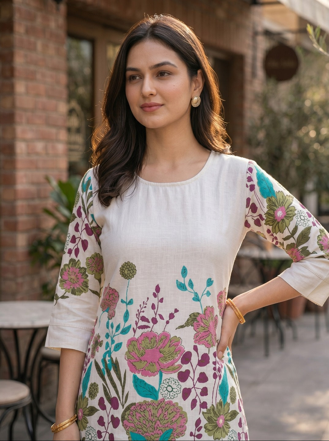 Women Off-White Multicolor Floral Printed Khadi Cotton Co-Ord Set with Straight Kurta & Trousers