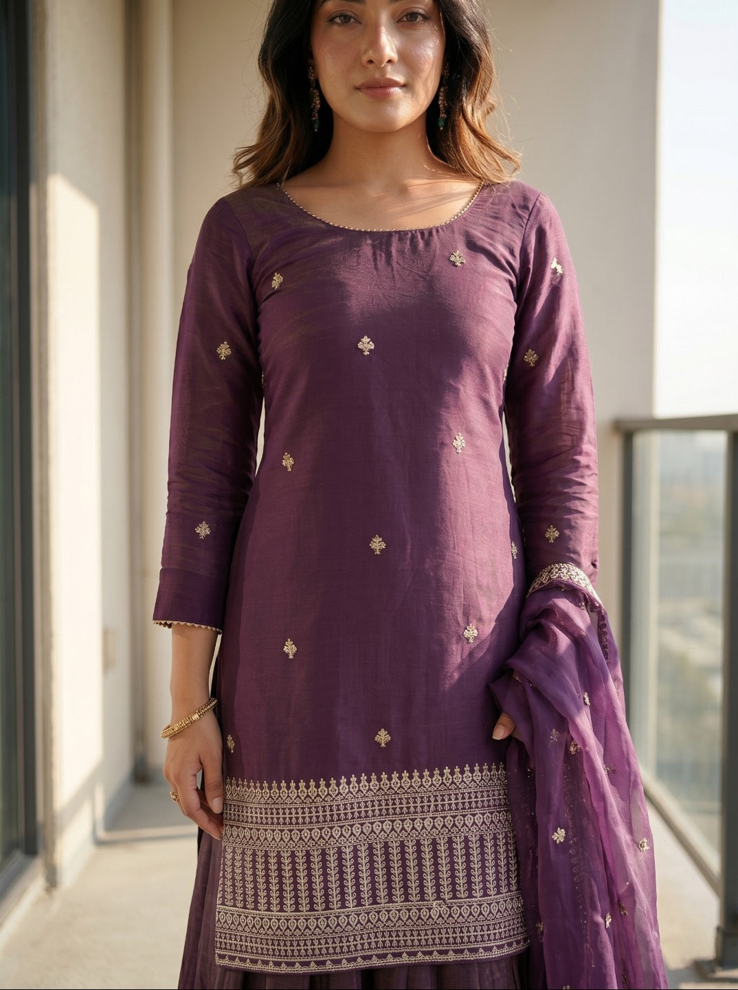 Purple Roman Shimmer Chanderi Silk Embroidered Kurta Sharara Set With Dupatta | Festive Ethnic Wear For Women