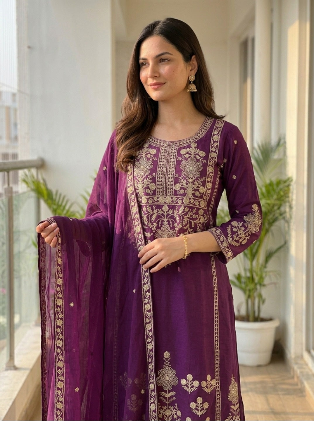 Purple Embroidered Chinnon Silk Kurta Set with Sharara & Dupatta | Festive 3-Piece Ethnic Set for Women