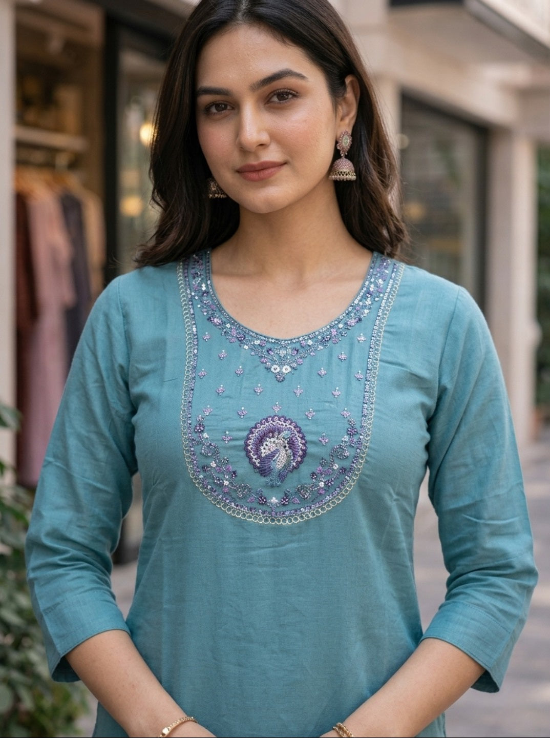 Firozi Rayon Slub Embroidered Straight Kurti for Women | Casual & Ethnic Wear