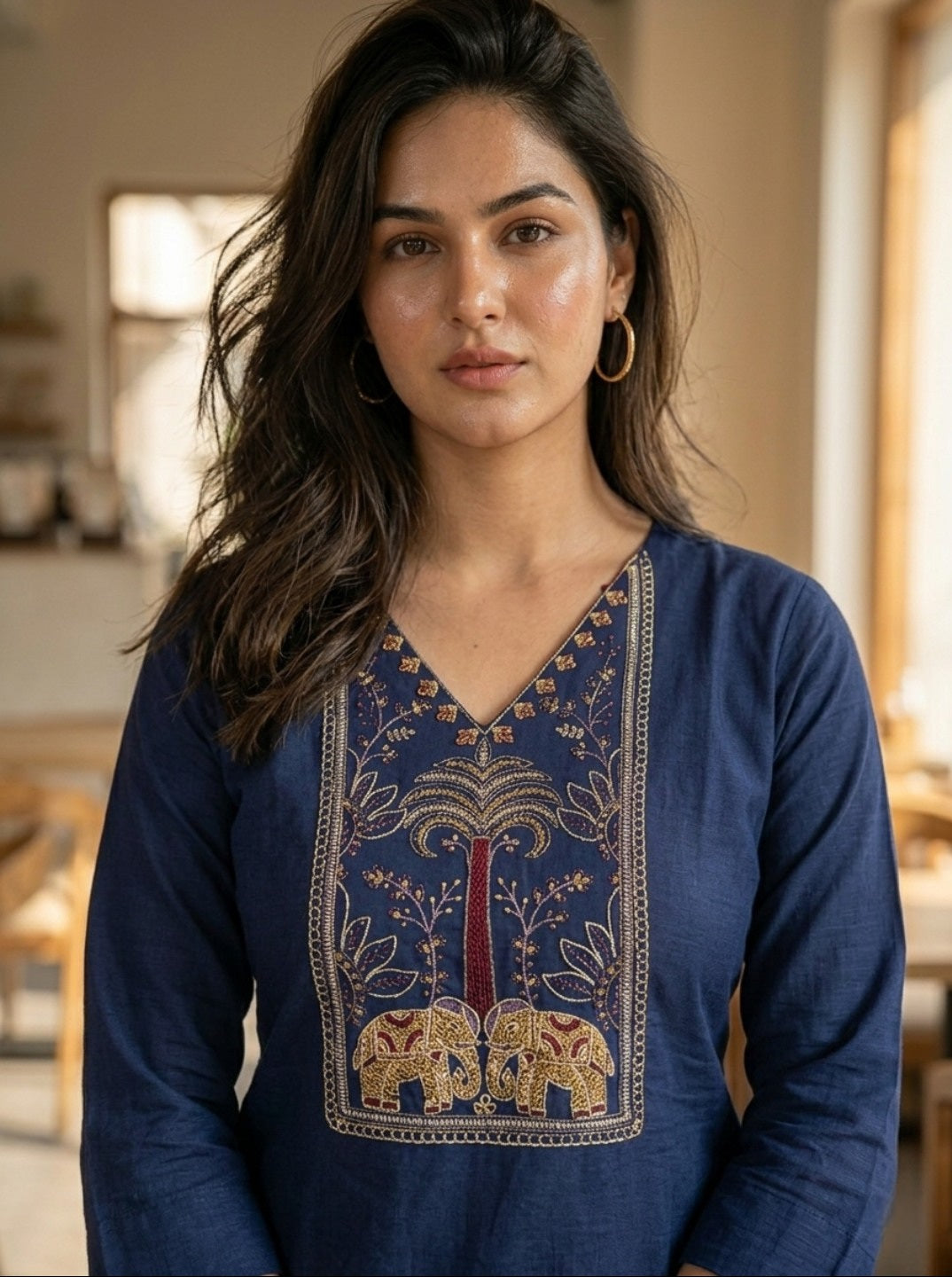 Navy Blue Rayon Slub Embroidered Straight Kurti for Women | Ethnic Casual Wear