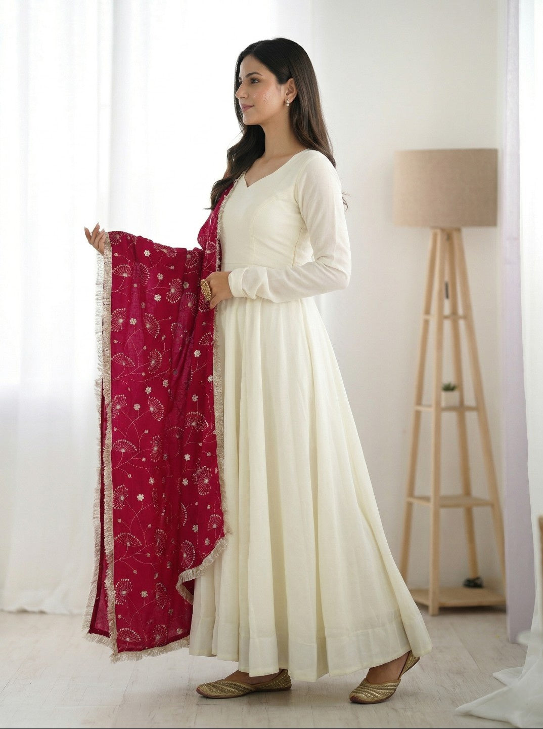 Off White Anarkali Kurta Set with Red Embroidered Dupatta | Vichitra Silk Fully Flared Gown with Pant | Festive & Wedding Wear for Women