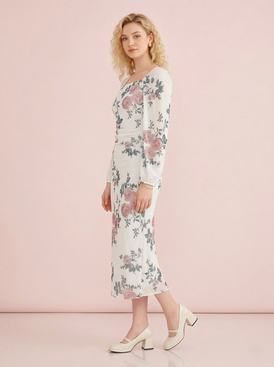 Women White Floral Digital Print Western Dress | Lycra Bodycon Midi Dress for Party & Casual Wear