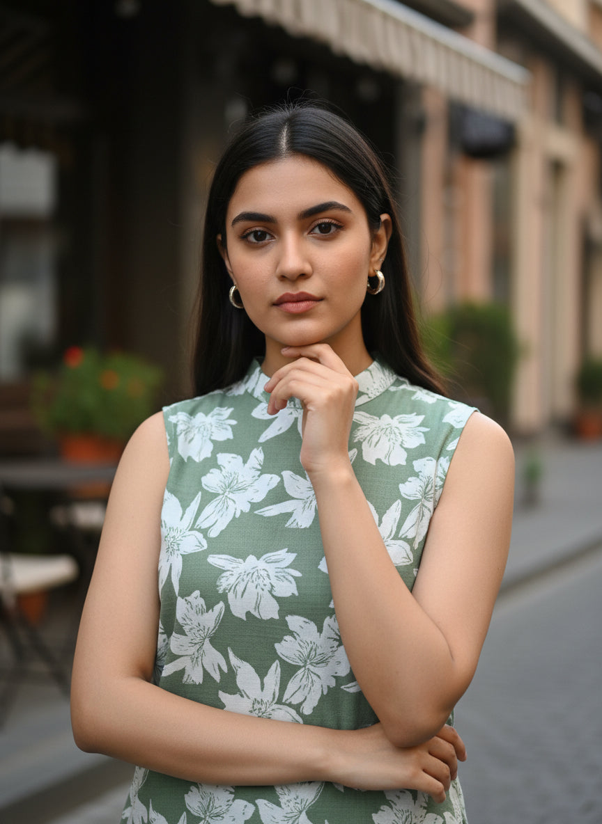 Women Olive Green Floral Printed 2 Piece Kurta Set with Pants | Sleeveless Straight Kurti Set | Summer Ethnic Wear for Women