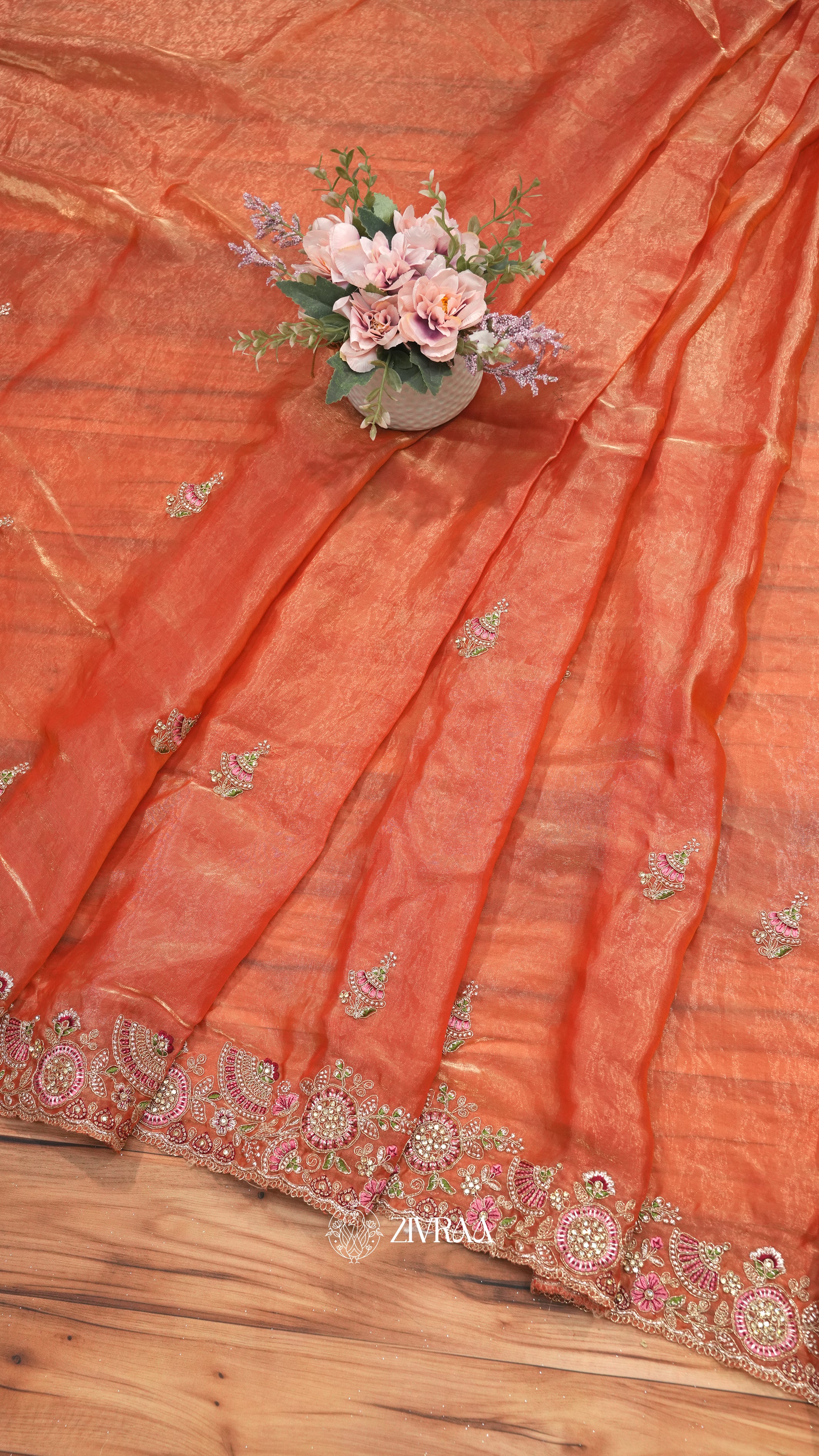 Elegant Rose Pink Silk Saree with Heavy Zari & Floral Embroidered Border