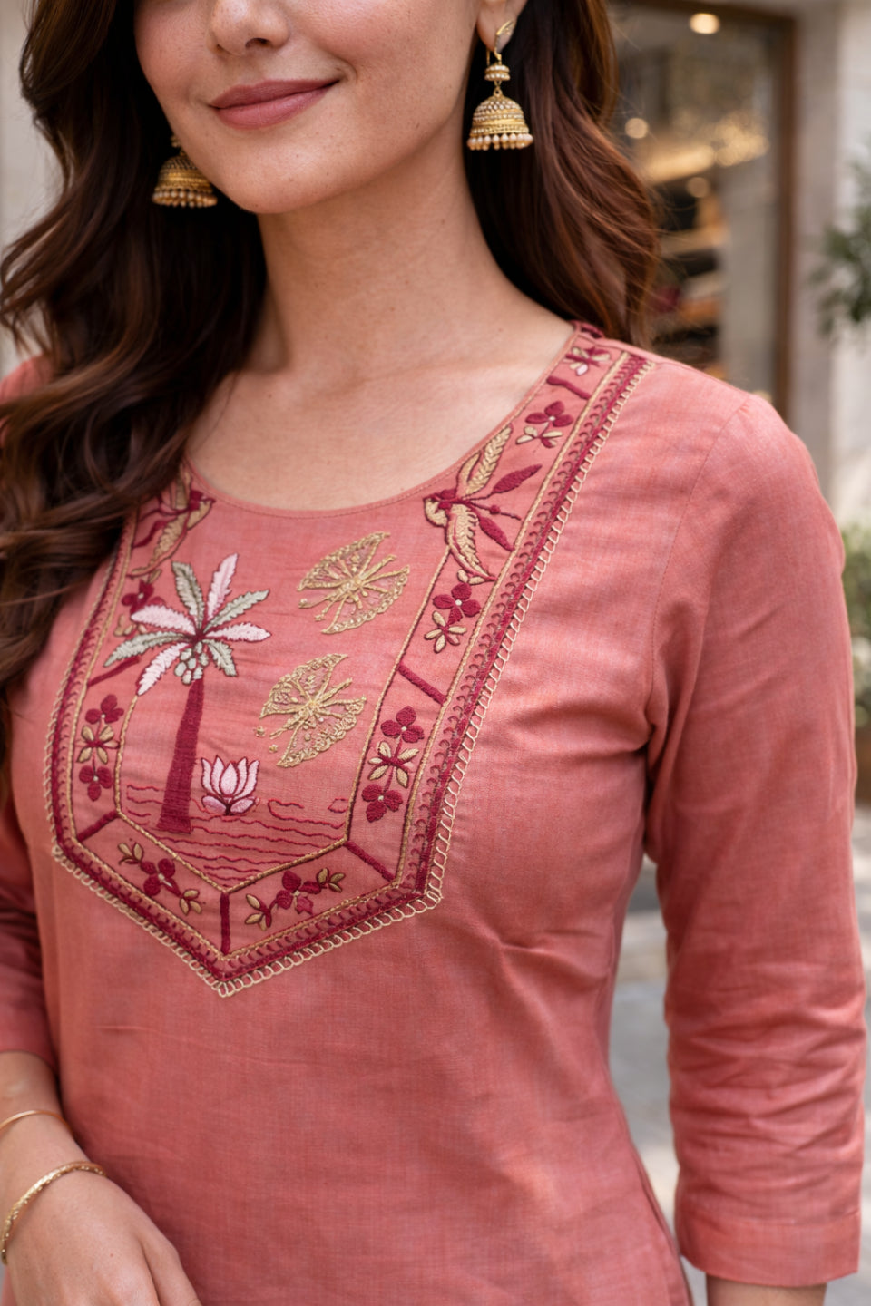 Women's Peach Embroidered Straight Kurti | Elegant Ethnic Kurta for Women | Stylish Daily & Office Wear Kurti
