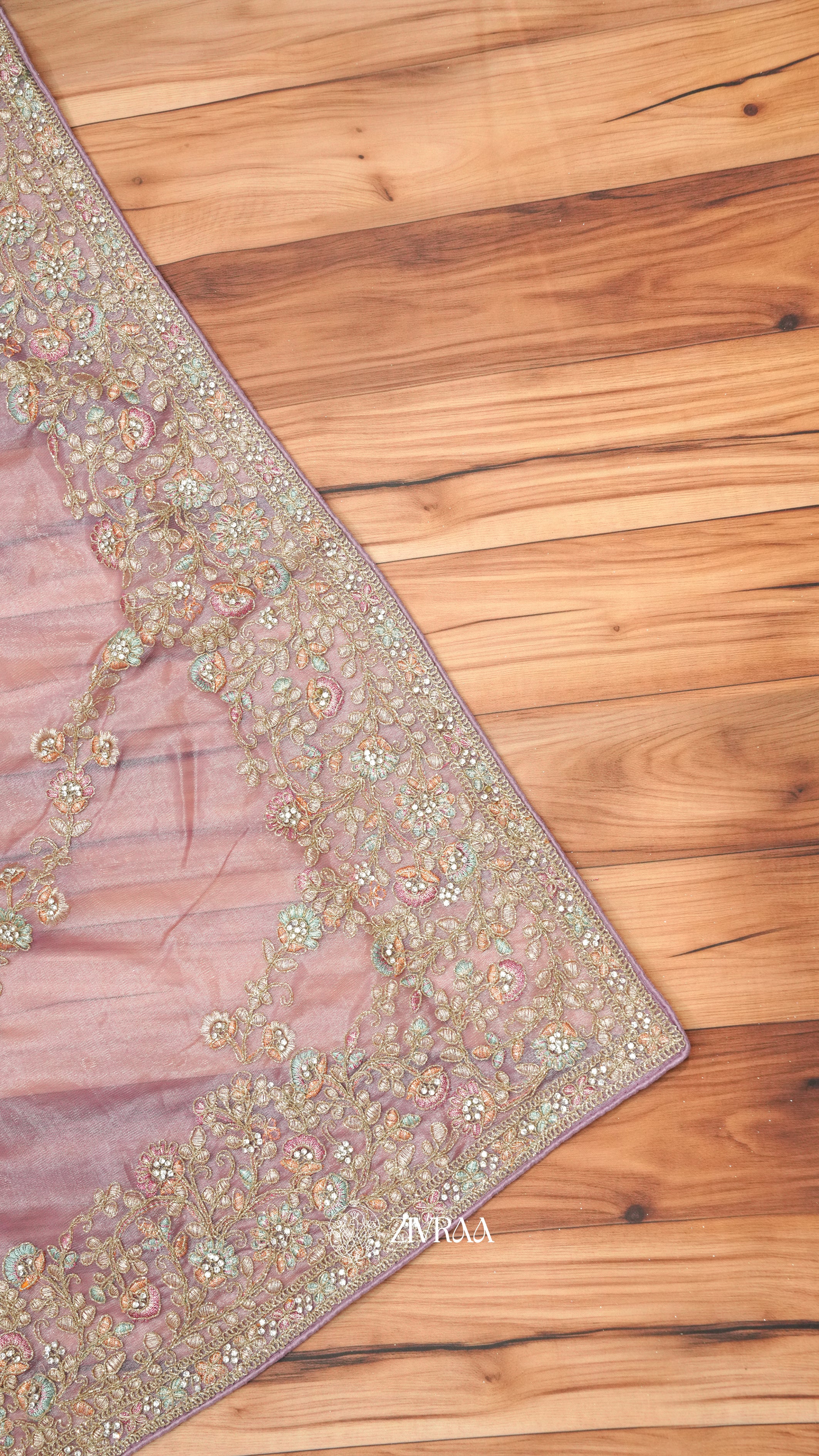 Peach shimmer net Saree with Heavy Floral Embroidery & Designer Border