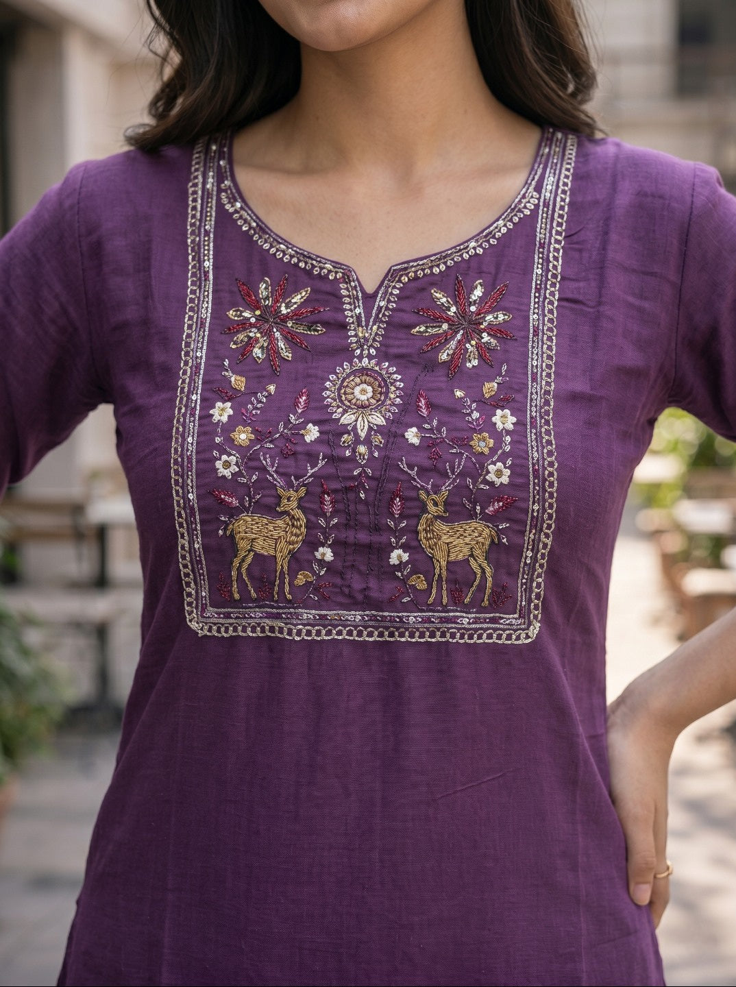 Women Wine Rayon Slub Embroidered Straight Kurti | Elegant Ethnic Casual Wear for Women