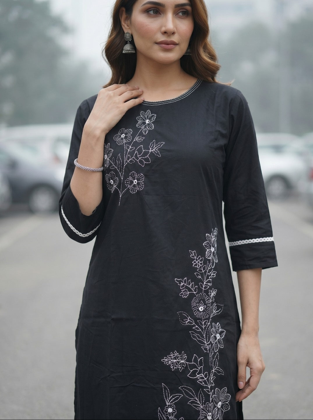 Women’s Black Cotton Kurta Set with White Floral Embroidery | Elegant Straight Kurta Set with Floral Thread Work