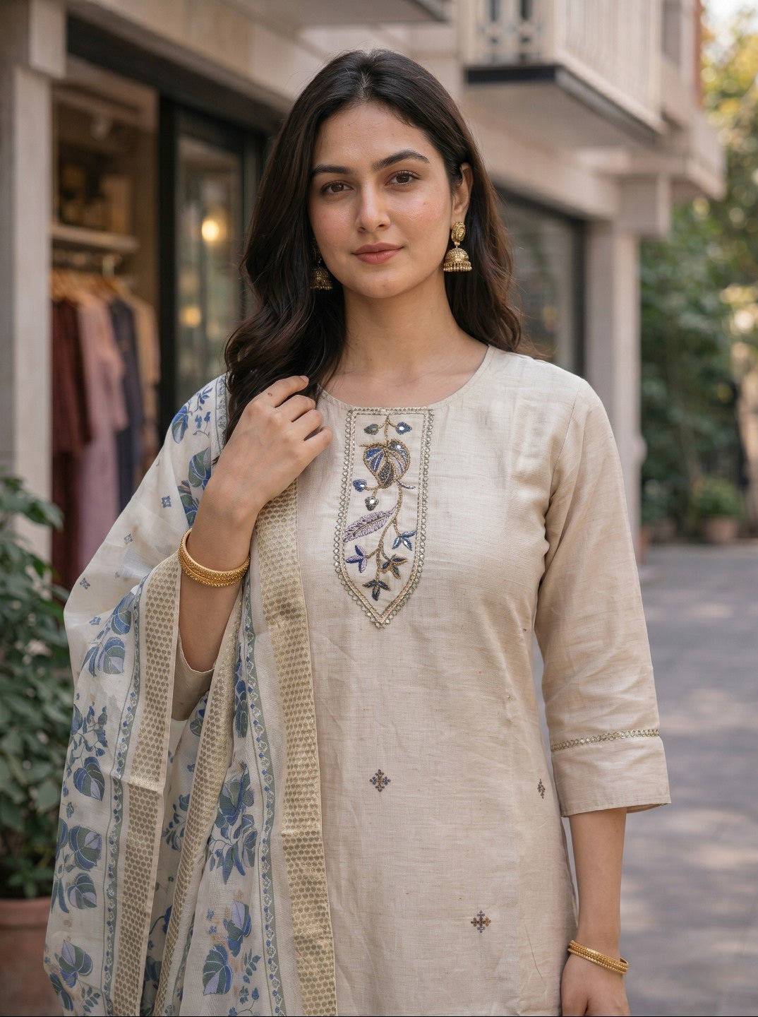 Women Offwhite Embroidered Vartican Silk Kurta Set With Dupatta | Ethnic 3 Piece Festive Suit Set