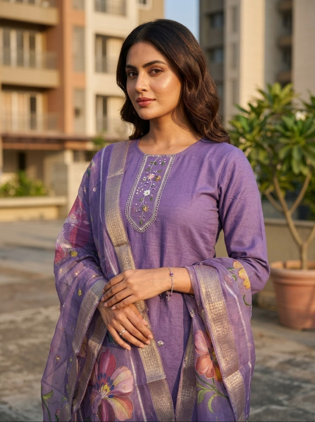 Lavender Roman Silk Embroidered Kurta Pant Set with Floral Organza Chanderi Dupatta | Elegant Ethnic Wear for Women