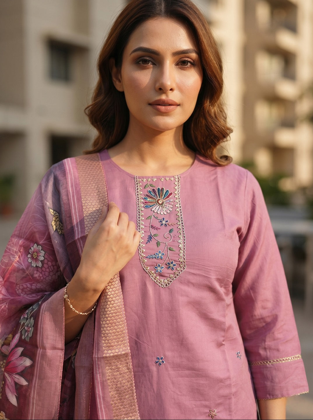 Pink Roman Silk Embroidered Kurta Pant Set with Floral Organza Chanderi Dupatta | Premium Ethnic Wear for Women
