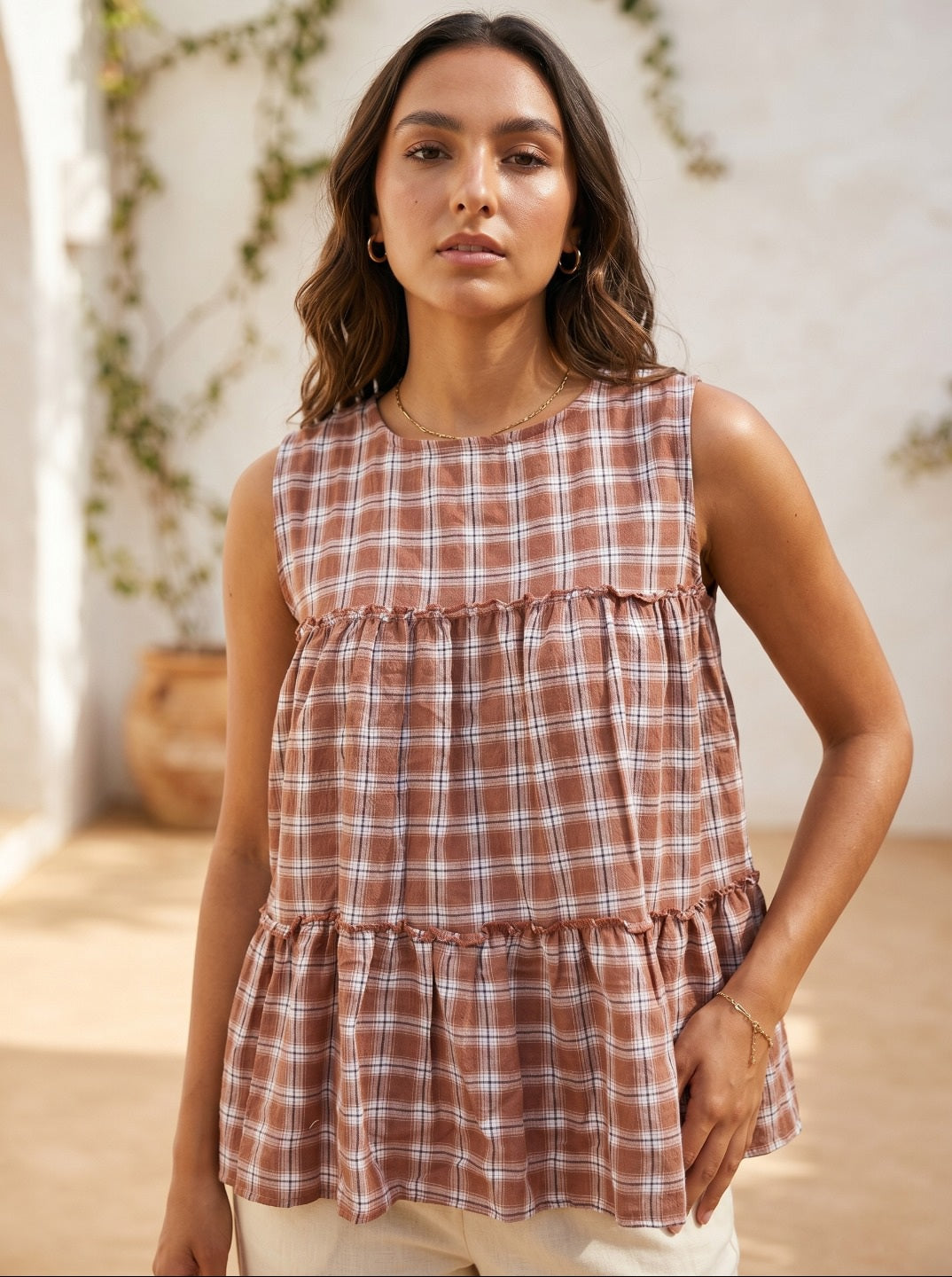 Women's Premium Linen Cotton Co-Ord Set | Sleeveless Checked Summer Co-Ord Set with Relaxed Pants | Casual Chic Everyday Wear